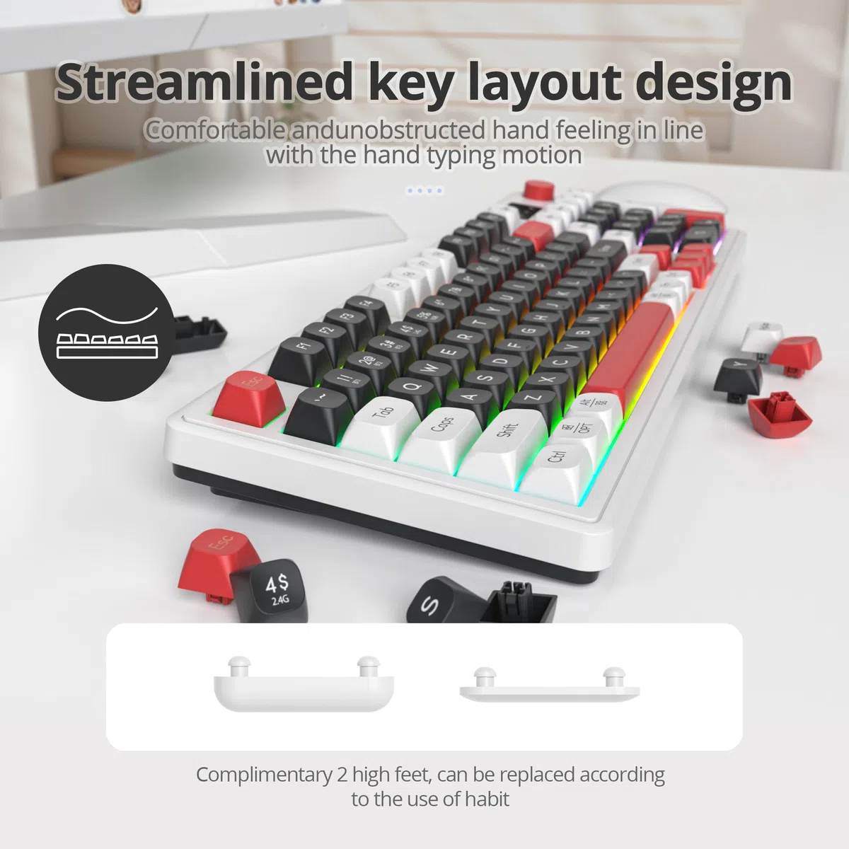 96% bezprzewodowa klawiatura do gier, cicha membrana, z mechanicznym dotykiem, klawiatura numeryczna, układ QWERTY Amerykański układ, Bluetooth/2.4G/USB RGB, kremowa, L98 czarna