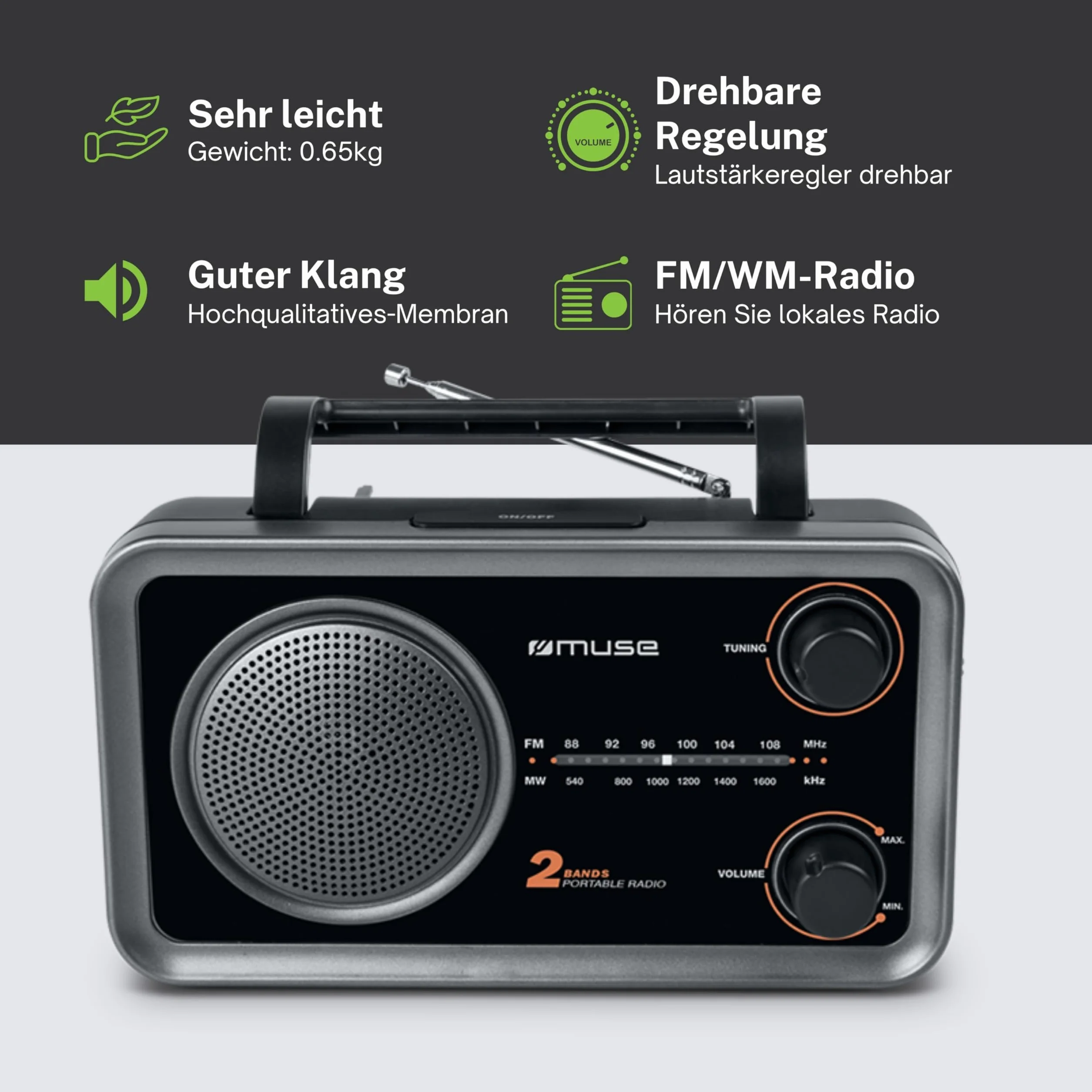 Muse M-06 DS radio kuchenne (FM, MW) radio, zasilanie sieciowe i bateryjne, AUX-In do telefonu komórkowego, czarne