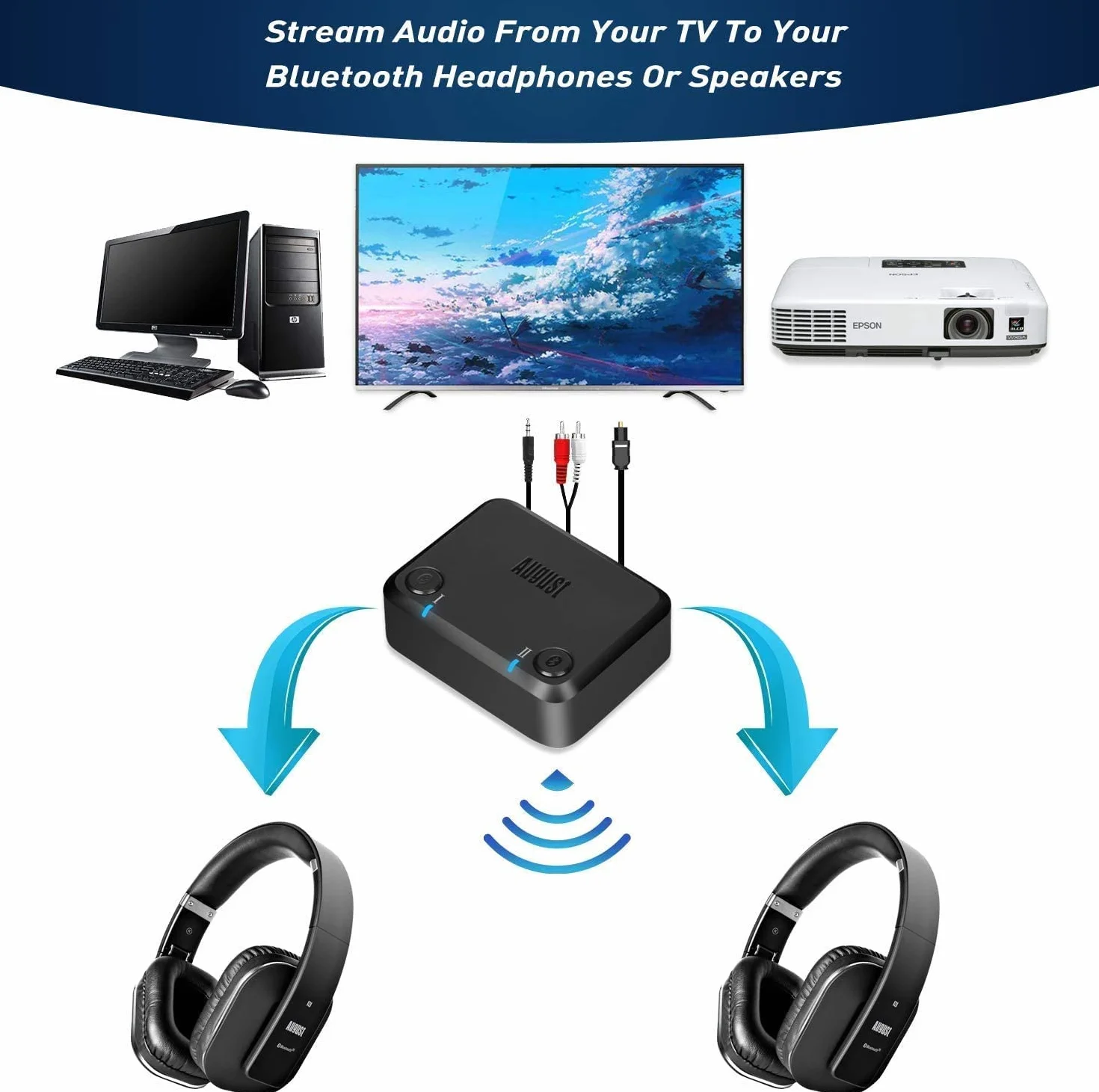 Nadajnik Bluetooth 5.0 do telewizora, August MR270-HD, bezprzewodowy adapter audio z aptX HD, niskie opóźnienie i wielopunktowe połączenie dwóch par słuchawek jednocześnie, adapter nadajnika HiFi,