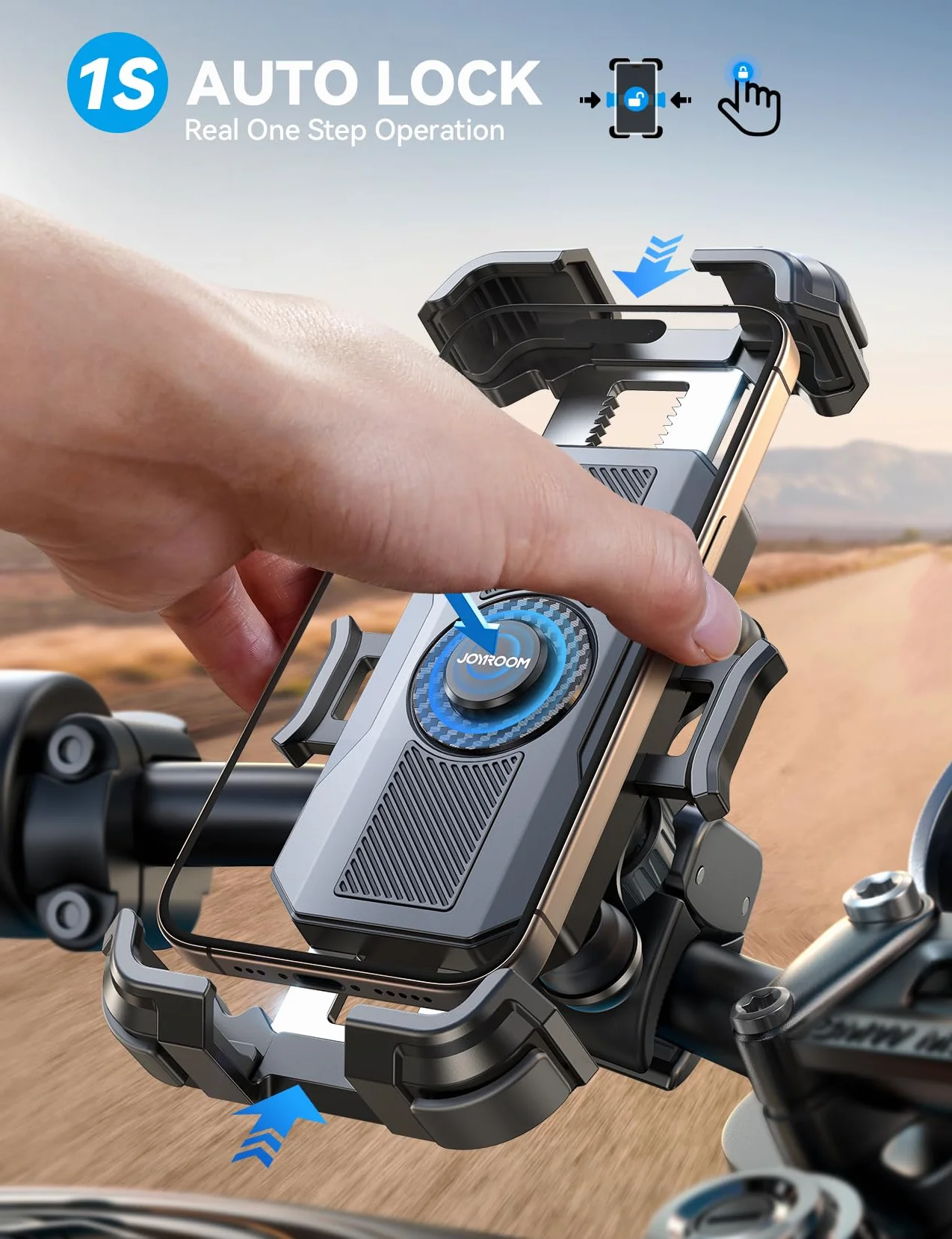 JOYROOM Uchwyt na telefon komórkowy motocyklowy, podwójnie tłumiony wibracjami, uchwyt na telefon komórkowy [otwieranie jednym kliknięciem] uchwyt na telefon komórkowy obracany o 360° uchwyt na