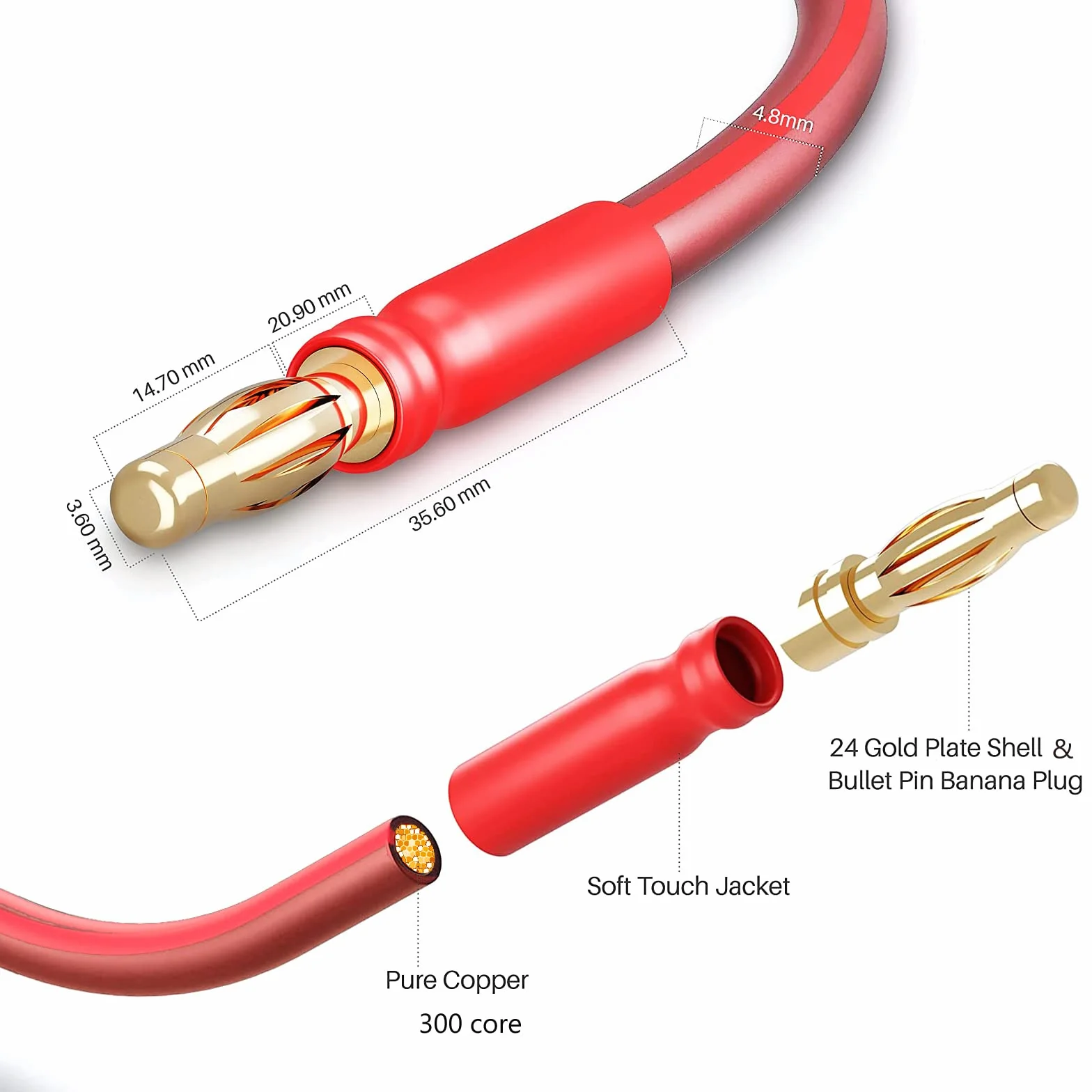 Kabel głośnikowy z czystej miedzi (z pozłacanymi wtyczkami bananowymi, 14 AWG, 2 m) – kabel audio LP42 HiFi głośniki głośniki