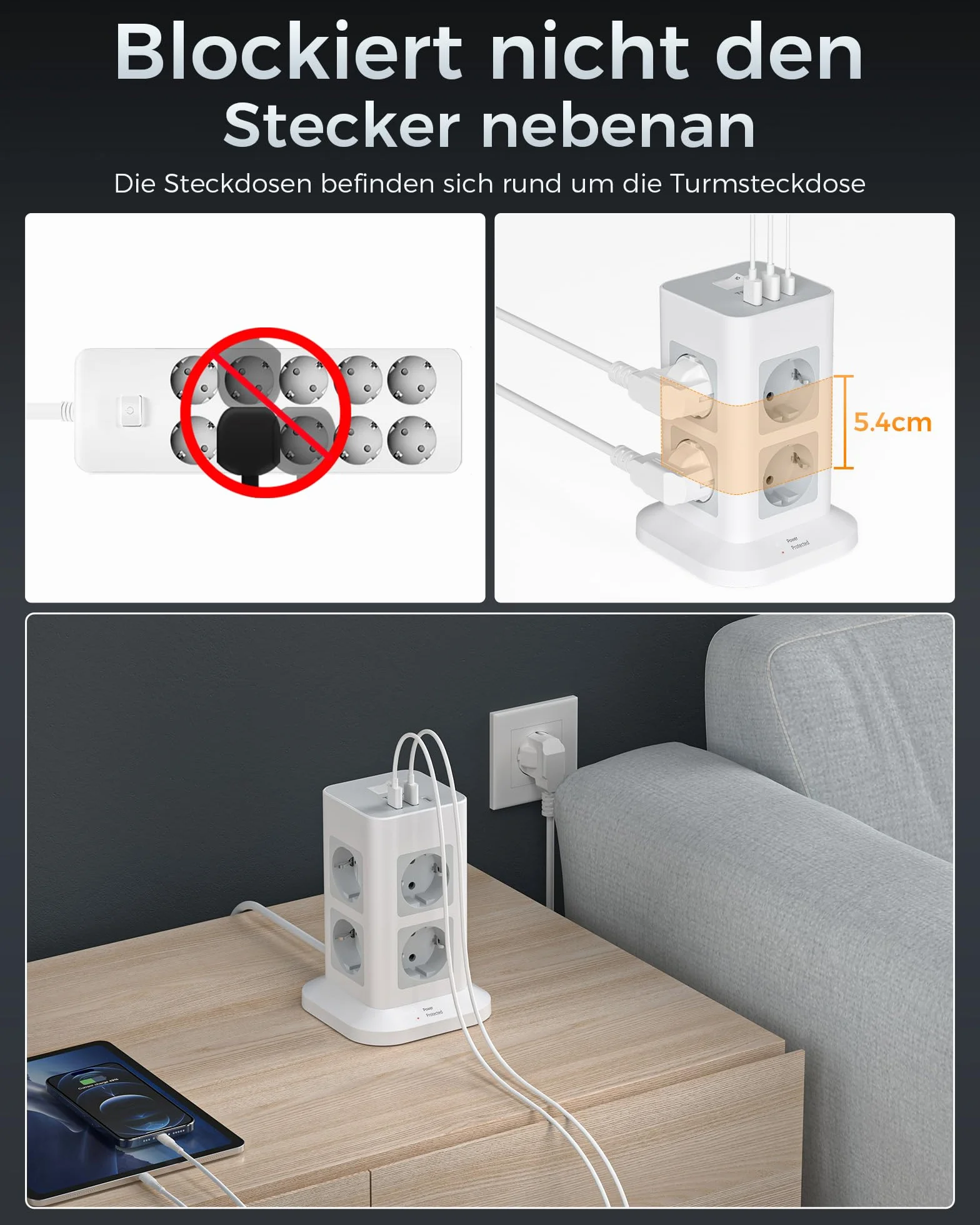 TESSAN Wieżowa listwa zasilająca z 8 gniazdami, przeciwprzepięciowe, 2 portami USB A i 1 USB C gniazdo wtykowe, listwa sieciowa z wyłącznikiem i przedłużaczm 3 metry, 3600W, szaro biały