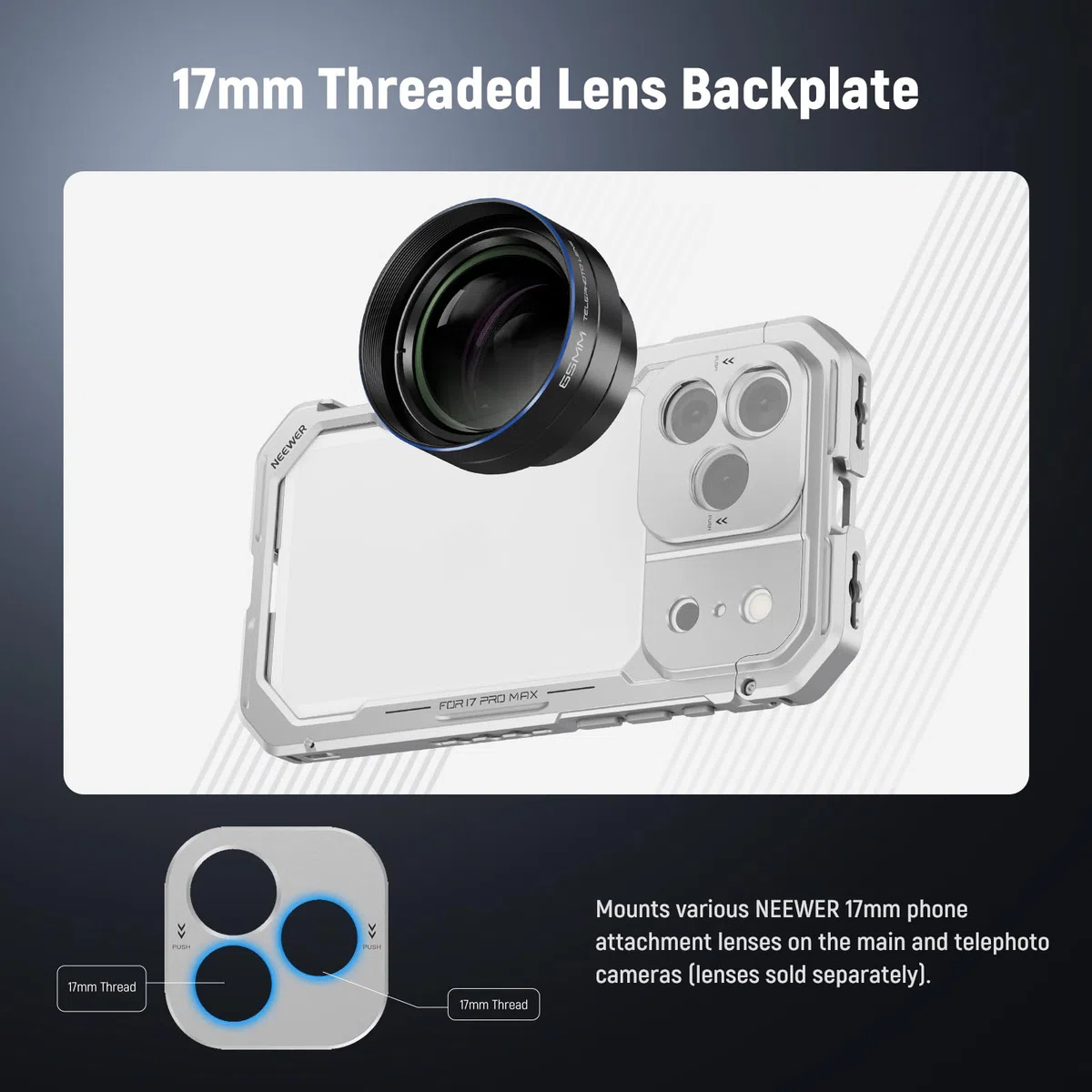 NEEWER PA143 Klatka na telefon kompatybilna z iPhone 17 Pro, akcesoria do stabilizatora wideo z pierścieniem filtrującym 67 mm, tylna płyta obiektywu 17 mm, adapter do montażu T, 4 x nakładka