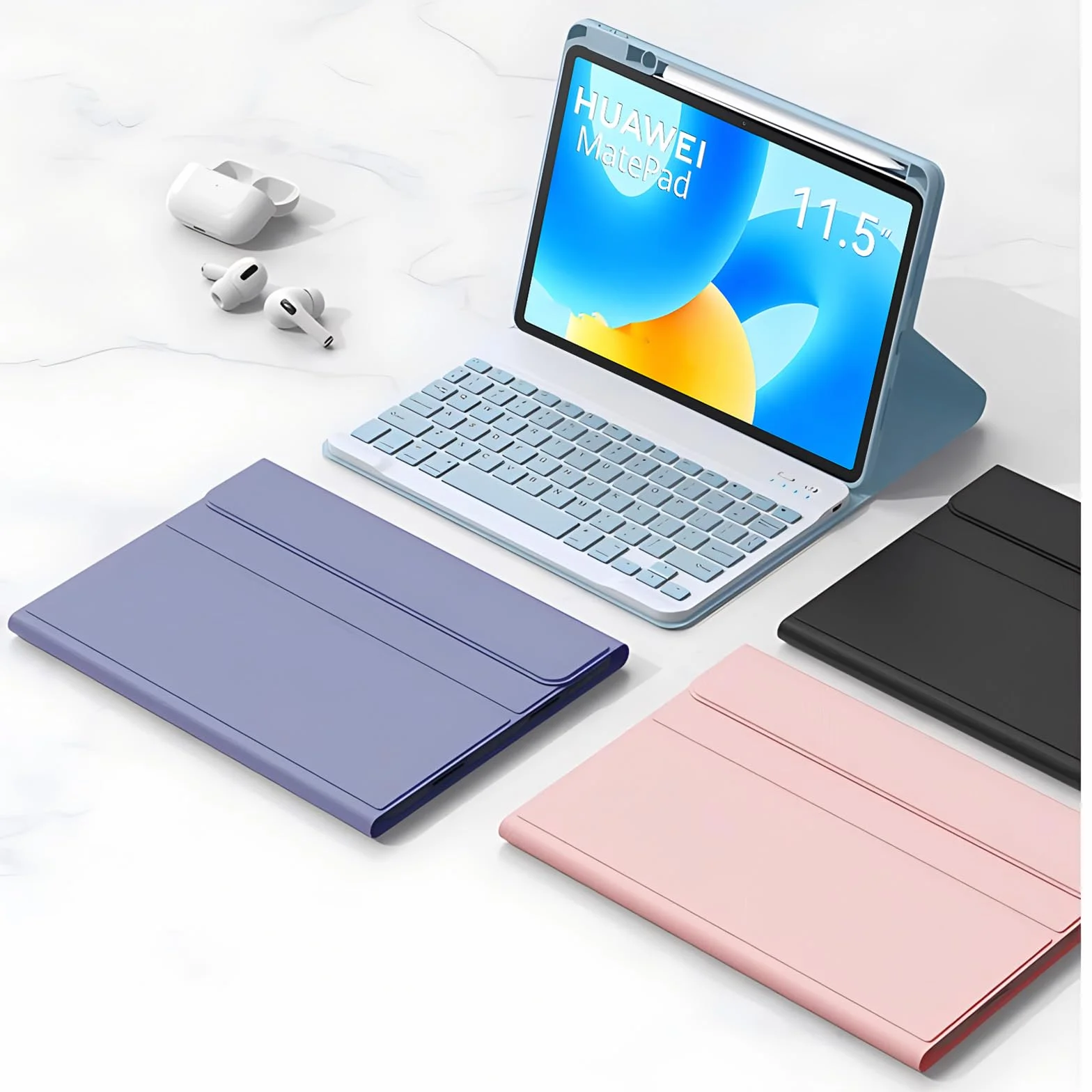 Etui z klawiaturą dla Huawei Matepad 11,5/Air 11,5 z uchwytem na ołówki, bezprzewodowa odłączana klawiatura Bluetooth, miękka tylna osłona, niebieska