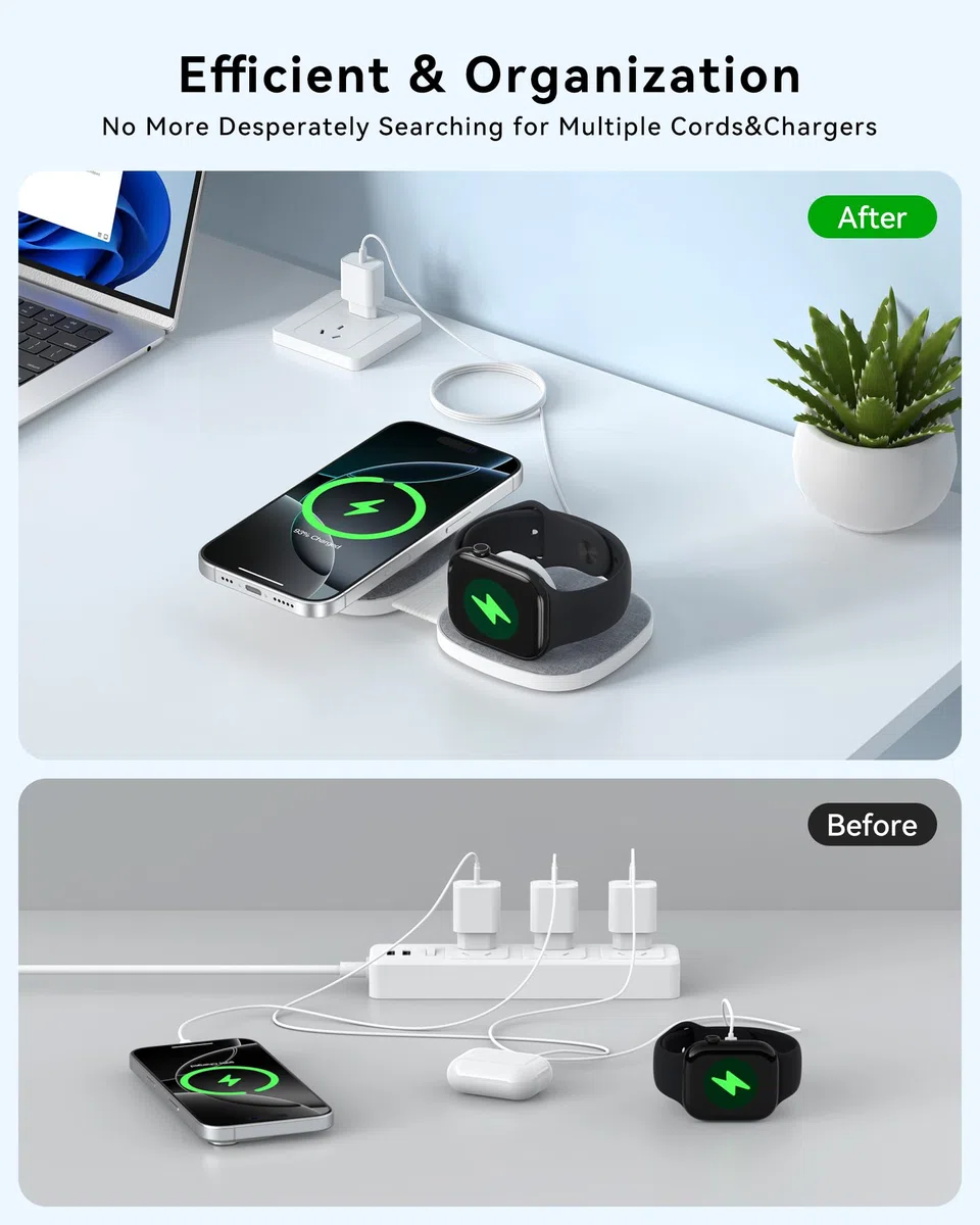2 w 1 Składana bezprzewodowa ładowarka indukcyjna, kompatybilna z MagSafe, iPhone 17/16/15/14/13/12, Apple Watch 11–1, AirPods Pro, z szybkim adapterem 20W | Przyjazna w podróży kompaktowa konstrukcja, składana przenośna, adapter PD 20 W w zestawie