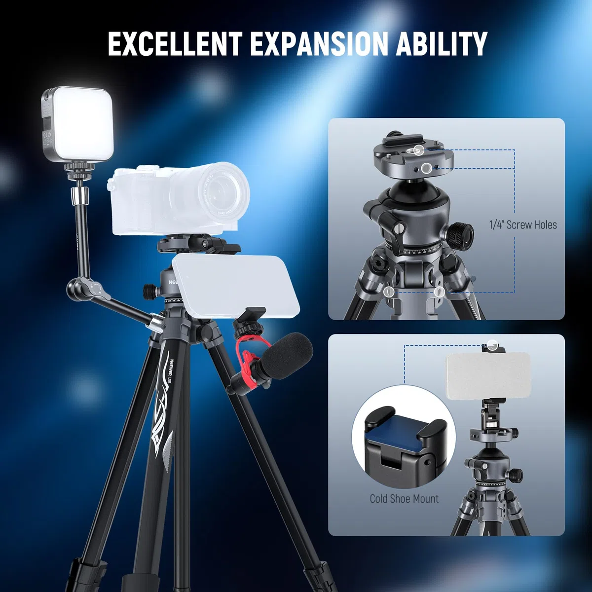 NEEWER LITETRIP LT07 Aluminiowy statyw do aparatu, głowica kulowa Pan Tilt, płyta Arca QR do płyty statywu Peak Design V3, podwójna oś środkowa, uchwyt na telefon, obciążenie do 10 kg, 155 cm