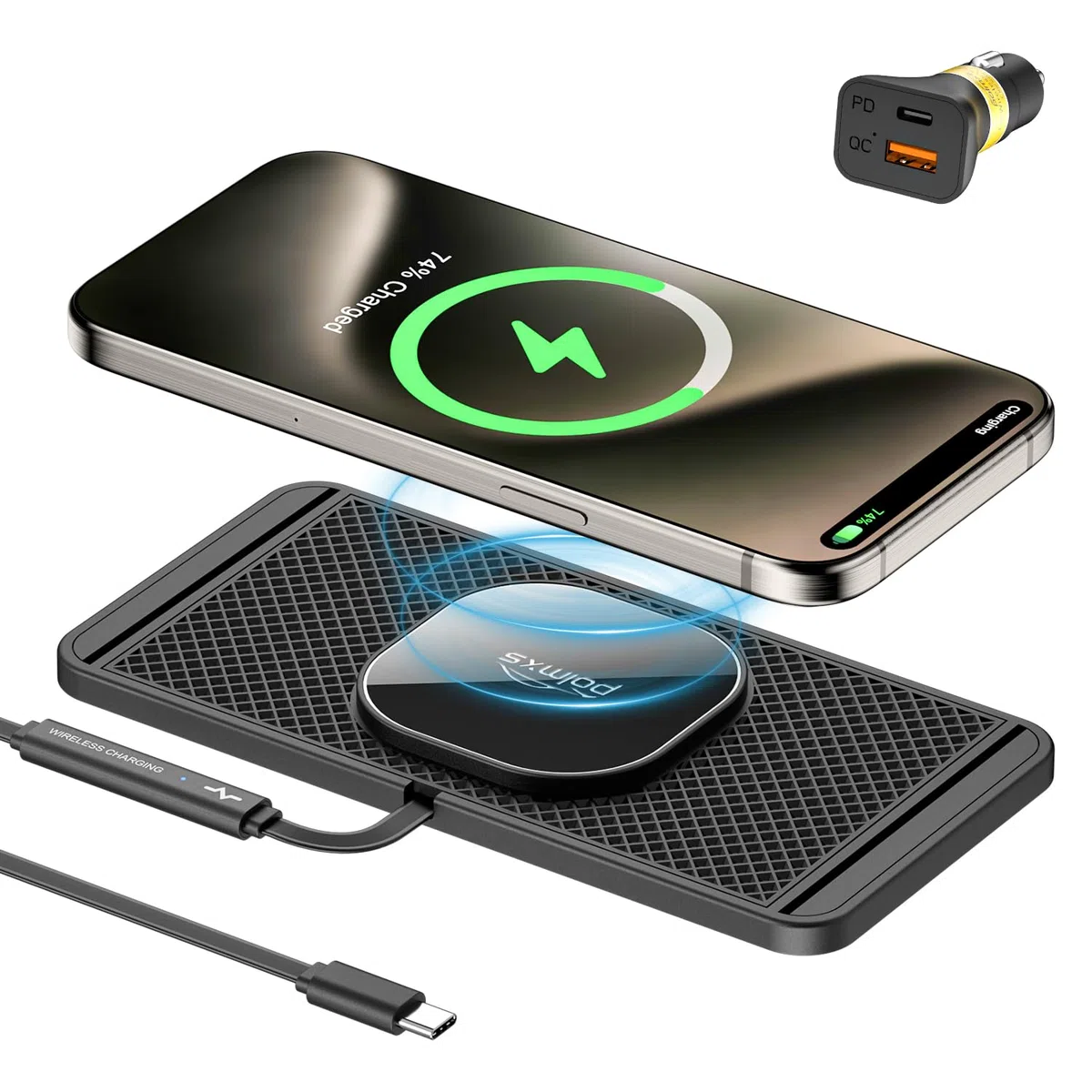 Polmxs Bezprzewodowa magnetyczna ładowarka samochodowa 15 W do bezprzewodowej ładowarki samochodowej Magsafe USB C antypoślizgowa do iPhone'a 15/14/13/12, Airpods (kabel 30 cm)