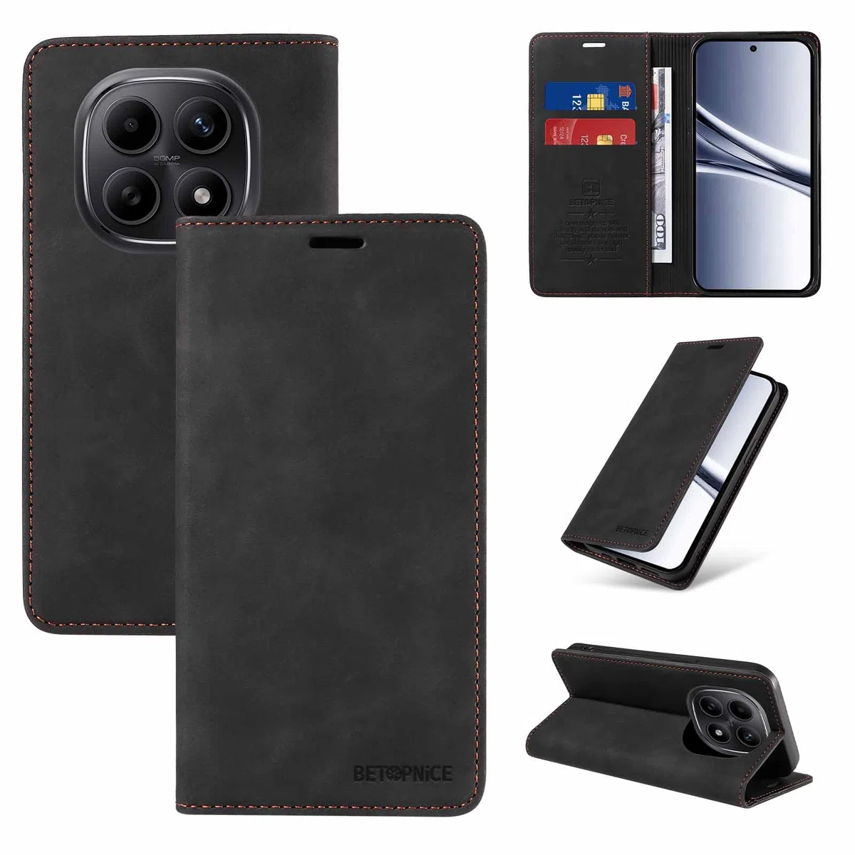 YUECXIN Luksusowe etui do Xiaomi Redmi Note 15 5G, odporny na wstrząsy pokrowiec ze skóry PU z magnetycznym uchwytem i ochroną RFID antykradzieżową obudową, czarny