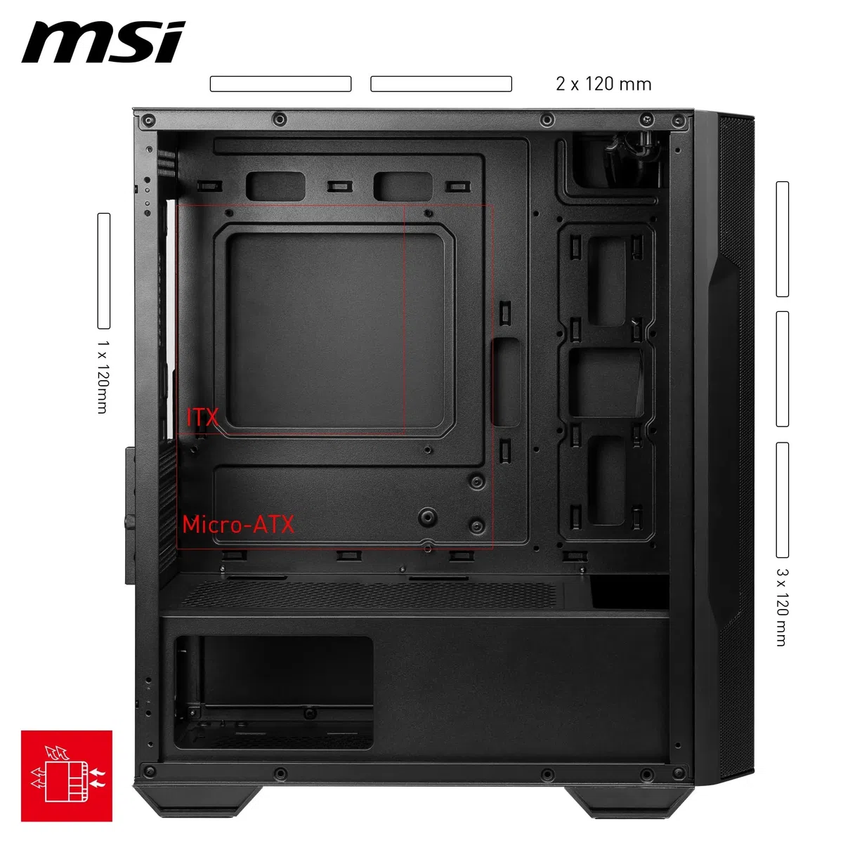 MSI MAG FORGE M100R Mini Tower obudowa PC, szkło hartowane, obsługuje Micro-ATX i Mini-ITX, Mesh Front, 4 x wentylator ARGB 120 mm z kontrolerem koncentratora, magnetyczny filtr kurzu, USB 3.2 Gen 1