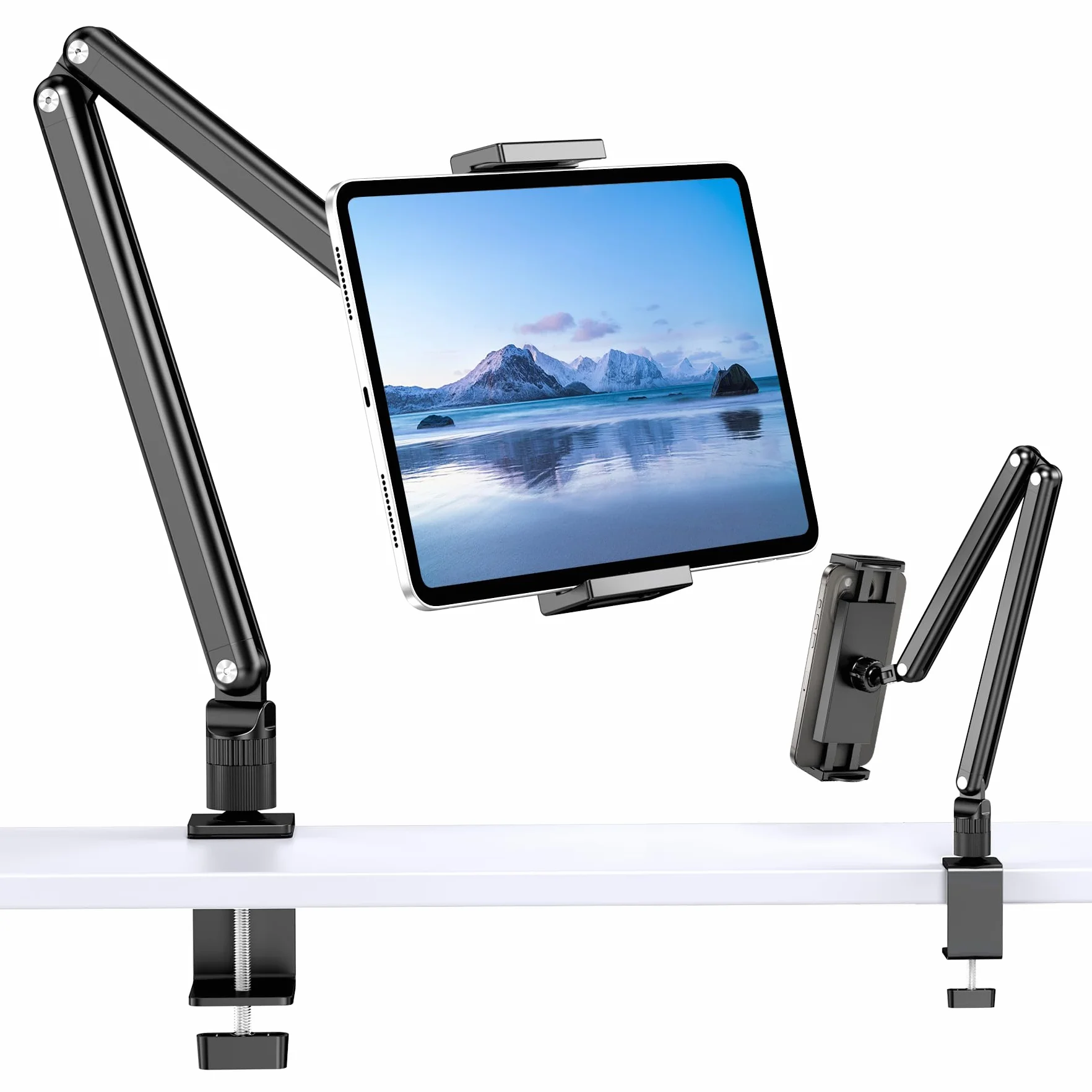 Stojak na tablet, aluminiowy uchwyt na biurko do iPada, uchwyt na ramię tabletu z metalową podstawą obracającą się o 360°, pasuje do iPada Air Pro Mini, telefonów, Samsung Galaxy, Kindle, wszystkich