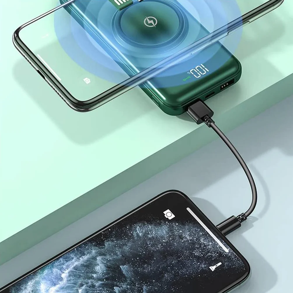 Alarm o dużej pojemności jest dostarczany z czteroprzewodowym power bankiem 20 000 mAh Telefon komórkowy o dużej pojemności Wygodny zasilacz mobilny (Color : Green, Size : 10000mAh)