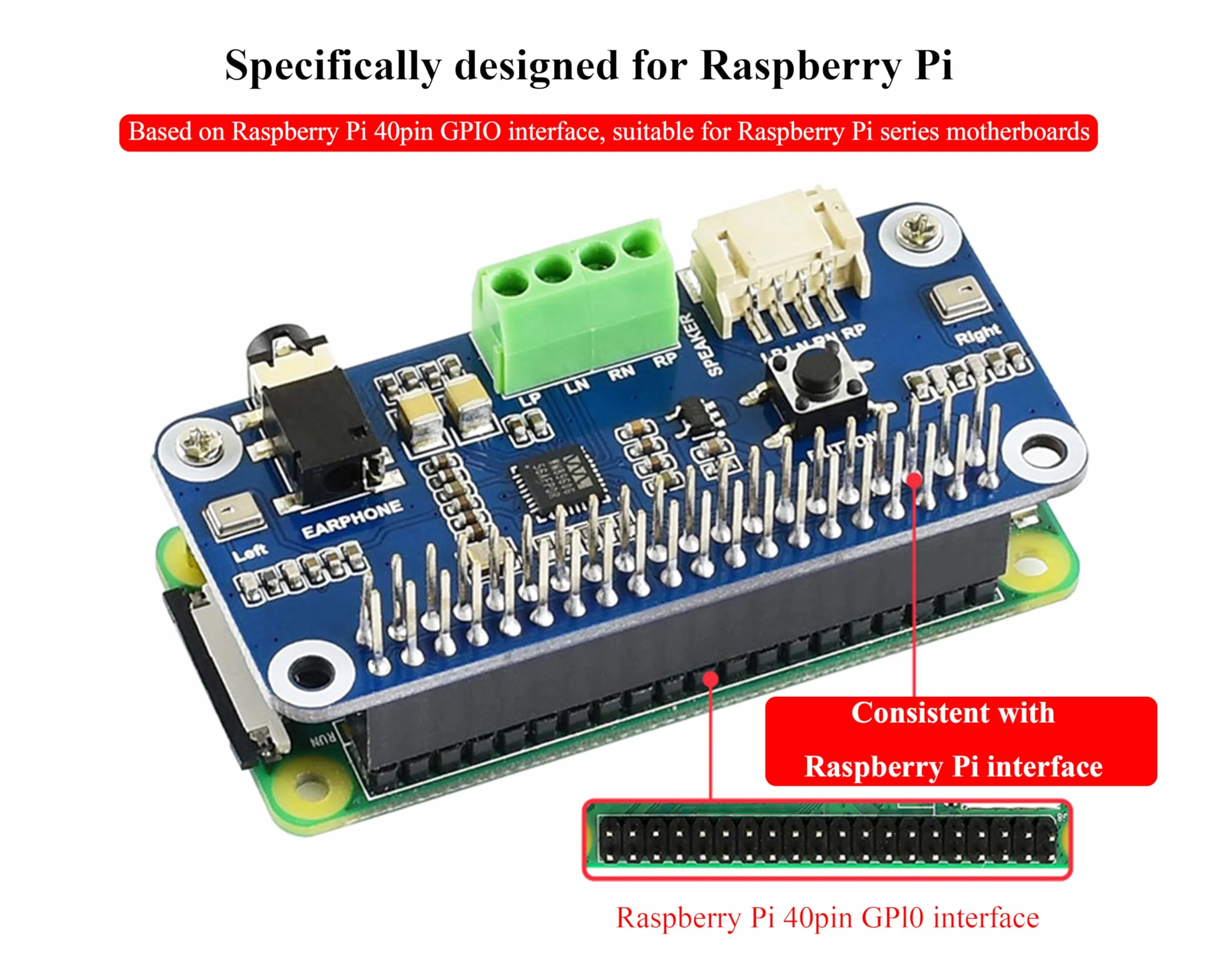 WM8960 Audio HAT kompatybilny z Raspberry Pi 5/4B/3B+/3B, Hi-Fi karta dźwiękowa stereo CODEC