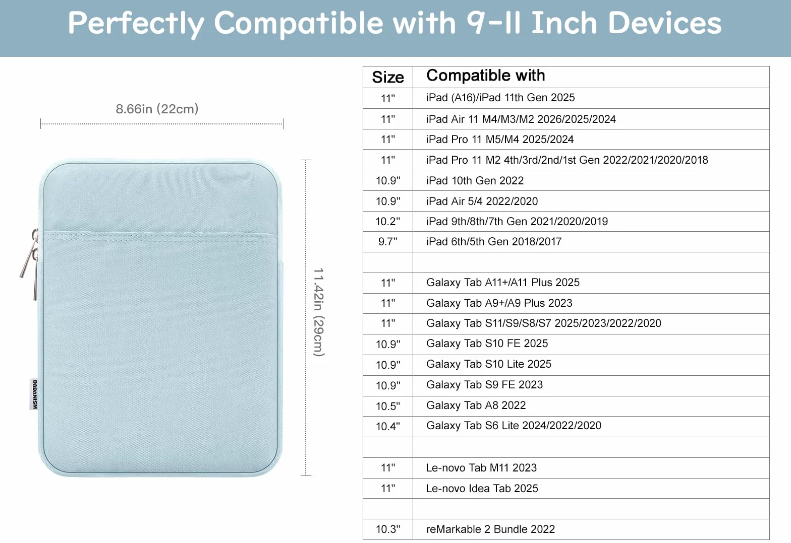 Dadanism 9-11 cali etui ochronne na tablet iPad (A16) 11. generacji 11", iPad 10. generacji 10.9" Air 5/4, i-Pad Air/Pro 11", i-Pad 9/8/7. generacji 10,2", Galaxy Tab A9+ 11", Tab M11, mleczny