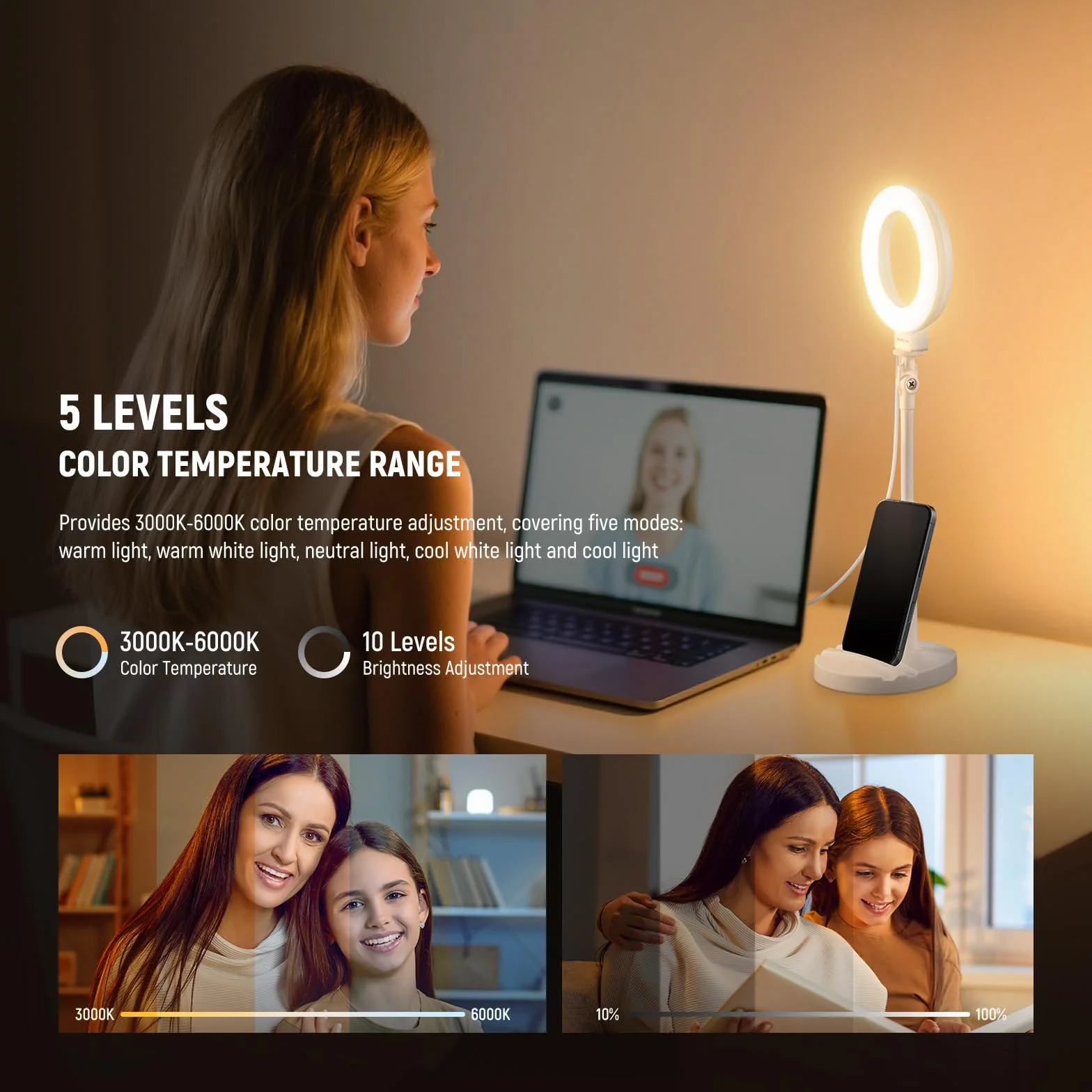 NEEWER Podstawowe 5"/13 cm Obręcz Biurko z Uchwytem, 10 W LED Selfie Światło z Podstawą Telefon Kompatybilny z iPhone Do Nagrywania Laptopa Kamera Internetowa Zoom Wideokonferencja Oświetlenie