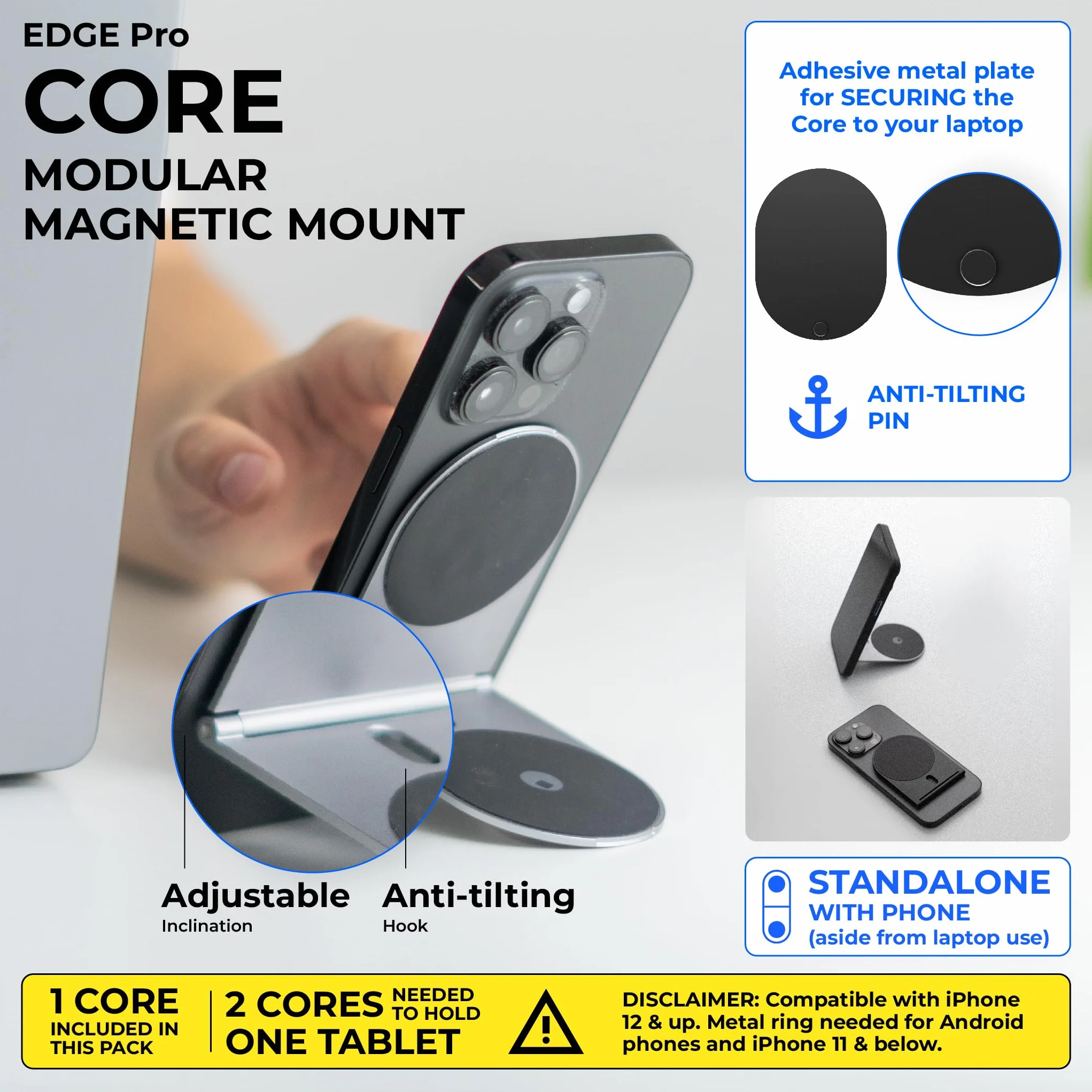 Rolling Square Edge Pro Core - Magnetyczny Uchwyt na Tablet i Telefon Komórkowy, Akcesoria do Inteligentnego i Wydajności, Kompatybilny ze Wszystkimi Telefonami, Czarny