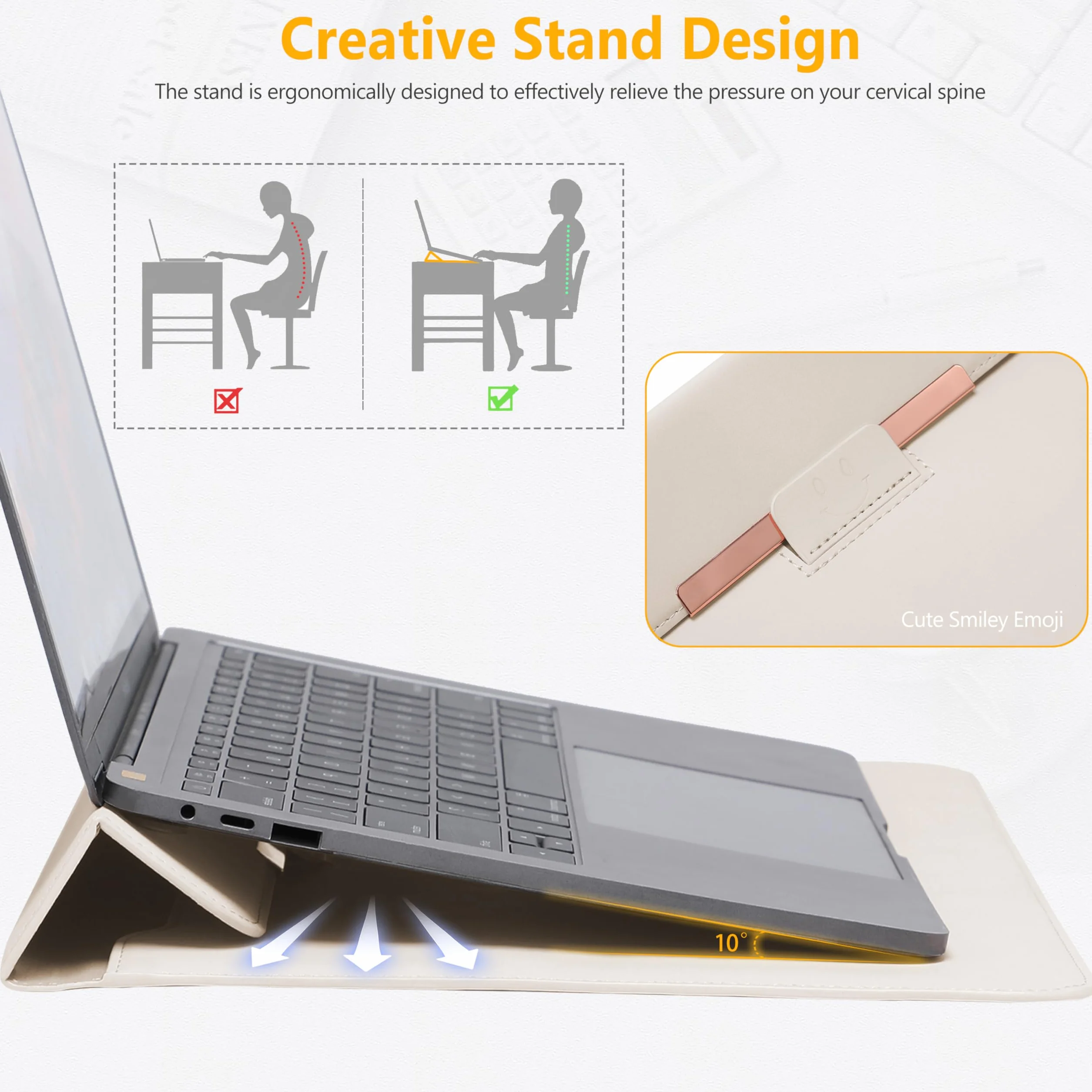 HYZUO 13 Cali Pokrowiec Etui na Laptop z Podstawką do Air 13 M5 A3449 M4 M3 M2 M1 2026-2018, 13" MacBook Neo 2026 A3404, MacBook Pro 13 M2 M1, 13" iPad Pro/Air, Surface Pro, Beżowy(Śmieszek)