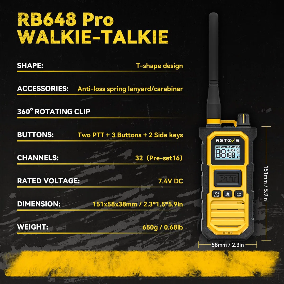 Retevis RB648 Pro Radiotelefon o Zasięgu Dalekiego Zasięgu, Wodoodporność IP67, 2800 mAh, Połączenia Grupowe, Inteligentny Dźwięk, Profesjonalny Radiotelefon Dwukierunkowy na Plac Budowy (4 Szt.)