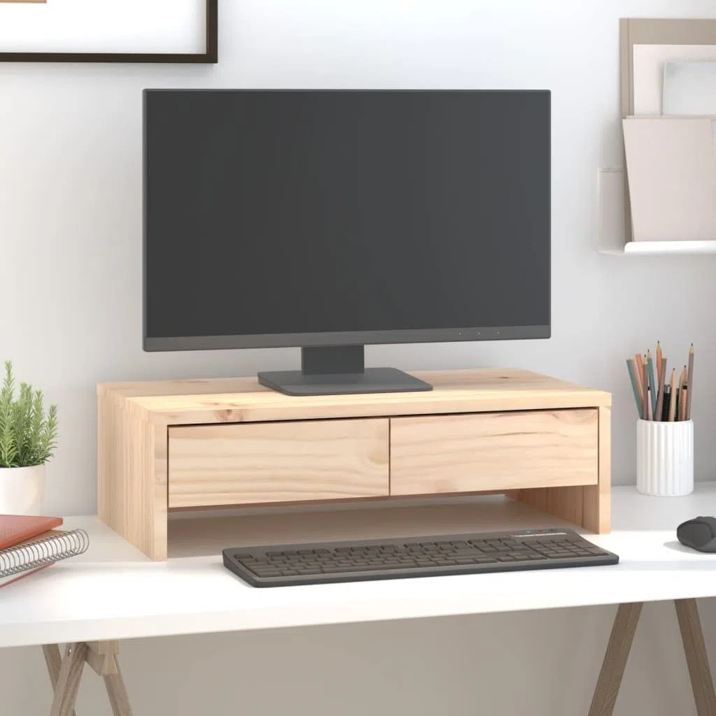 Hothingwell Stojak na monitor 50x27x15 cm z litego drewna sosnowego, tablet ekranowy z dwiema szufladami do przechowywania, minimalistyczny design stojak komputerowy do biura