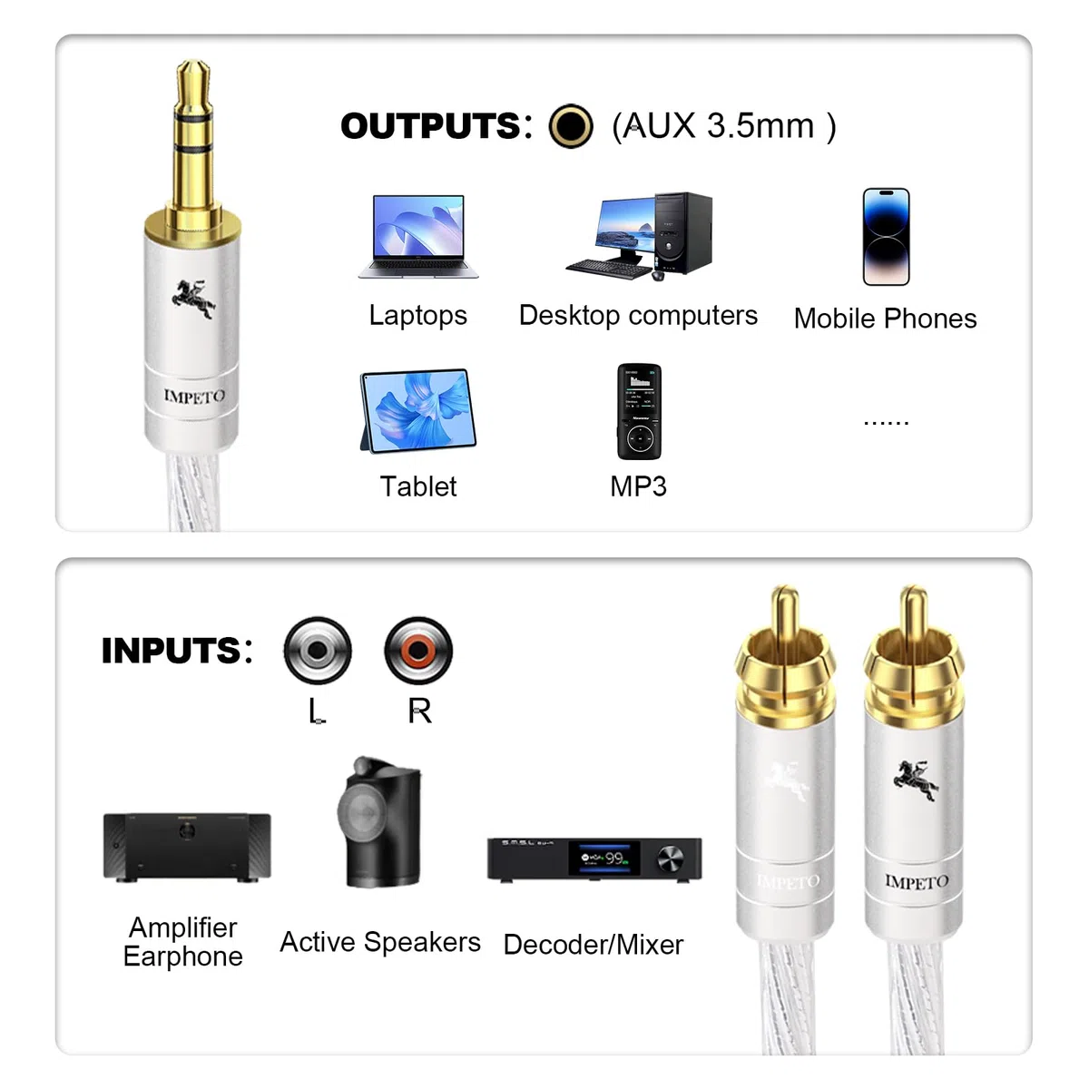 Impeto Kabel audio Hi-End 3,5 mm jack na cinch, S-OCC 3,5 mm na 2 RCA cinch, stereo kabel audio Y do telewizora, komputera, telefonu komórkowego, odtwarzacza MP3, głośnika, kina domowego, wzmacniacza