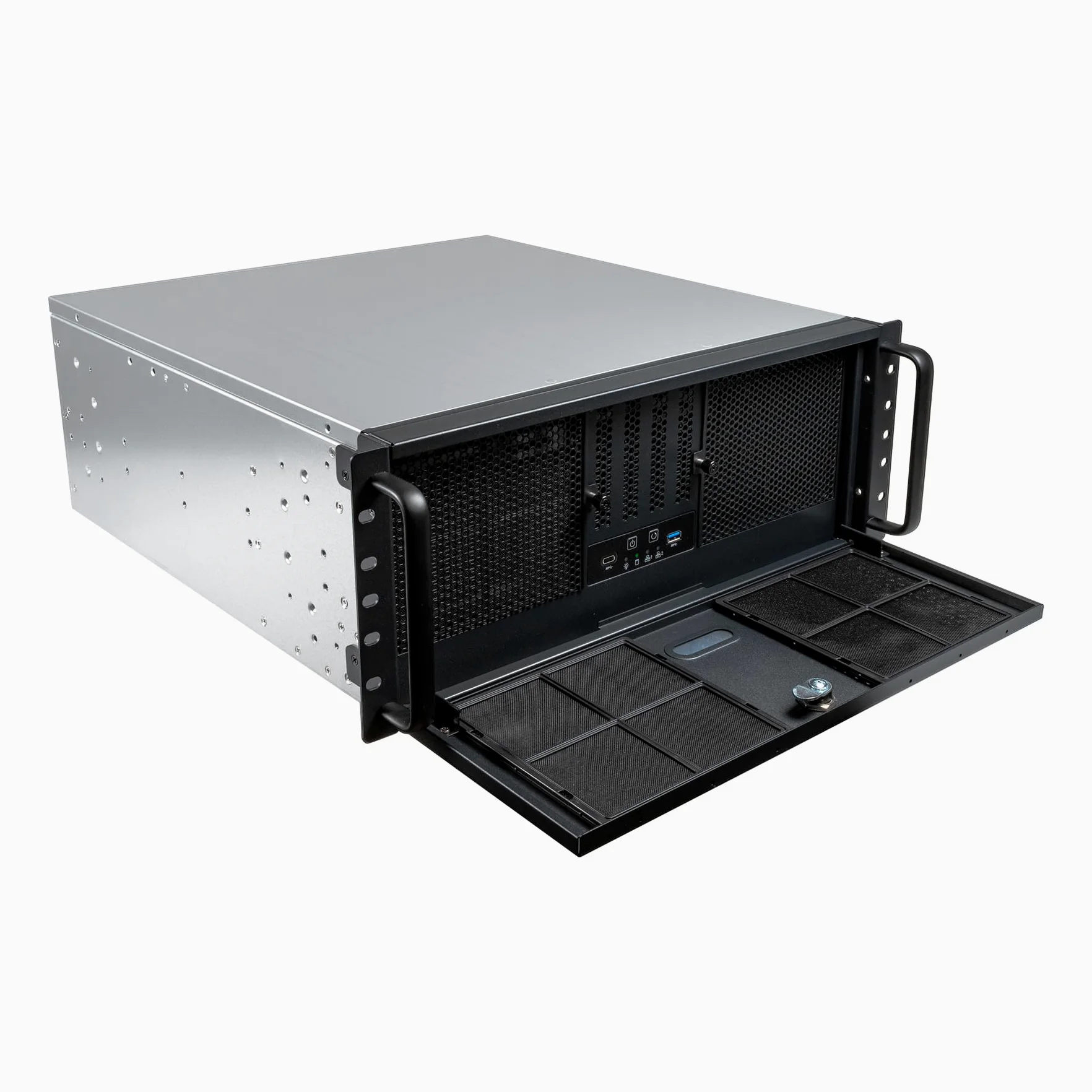 UNYKAch UK4339 19" obudowa stelażowa 4U ATX, kompatybilna z chłodnicami płynnymi 360 mm (uchwyt w zestawie), zamek błyskawiczny, 1 USB 3.0 i 1 USB typu C oraz 2 wentylatory 80 mm | Kompatybilny z chłodzeniem cieczy 360 mm, dołączonym uchwytem, 1 USB 3.0 i