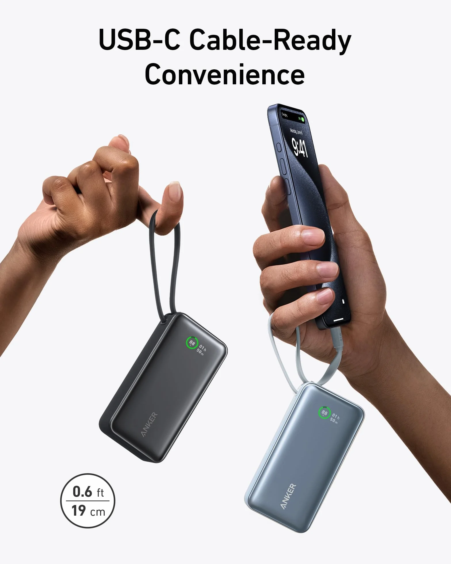 Anker Nano Powerbank, 10 000 mAh Powerbank z wbudowanym kablem USB-C, PD 30 W maksymalna moc z 1 x USB-C, 1 x USB-A, kompatybilny z iPhone 16/15/14, MacBook, Galaxy, iPad, AirPods i innymi