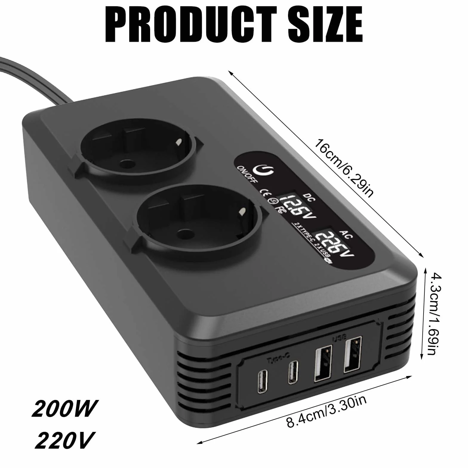 Samochodowa przetwornica napięcia 200 W, falownik 12 V na 220 V z 2 gniazdami ładującymi, 2 portami USB i 2 typami C, adapter do gniazda zapalniczki samochodowej, do telefonów komórkowych, laptopów