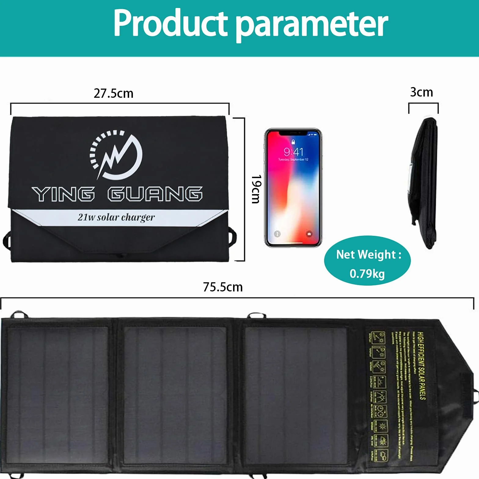 Składana ładowarka Słoneczna o mocy 21W do użytku na zewnątrz przenośna z 3 Panelami Słonecznymi wodoodporna z dwoma portami USB na kemping do iPhone’a, urządzeń Samsung Galaxy, telefonów komórkowych