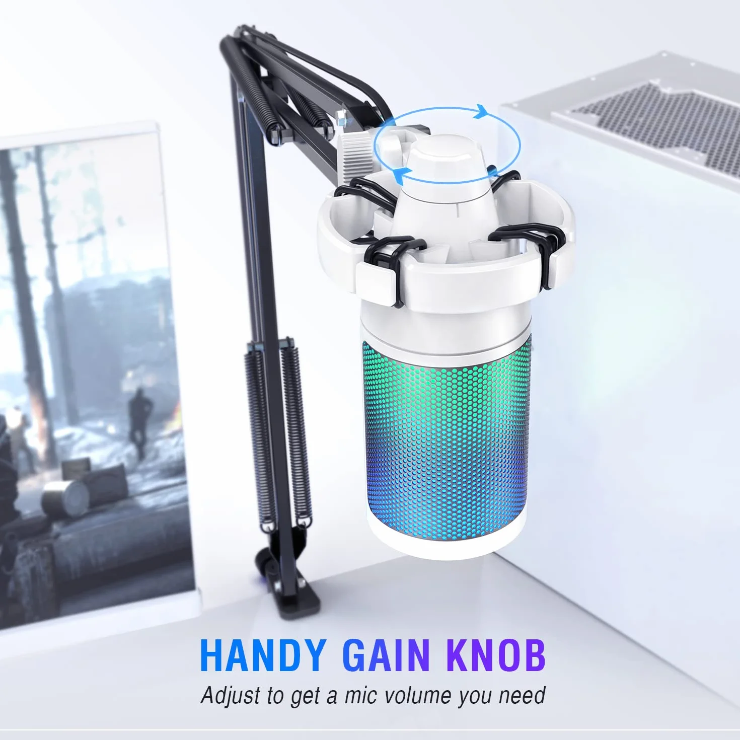 FIFINE Zestaw mikrofonowy dla graczy, USB, mikrofon pojemnościowy RGB, do komputerów stacjonarnych/ PS4/ PS5, z przyciskiem wyciszania, filtrem pop, ramieniem, uchwytem Shock Mount, A6TW