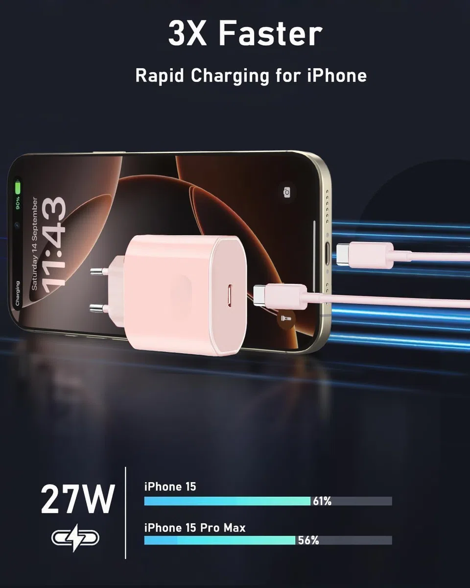 Ładowarka do iPhone'a 17/17 Pro/17 Pro Max/17 Air, iPhone 16 15 Pro Max Plus, 27 W USB C ładowarka zasilająca z szybkim ładowaniem z kablem 2 m (różowa)