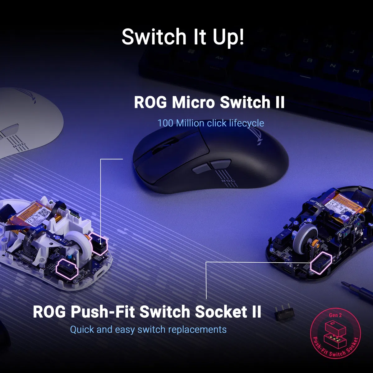 ASUS ROG Keris II Origin 64 g, ergonomiczna mysz do gier, złącze Push-Fit Switch, czujnik optyczny 42K, ROG Micro Switch II, ROG Omni Receiver, 5 programowalnych przycisków, czarny