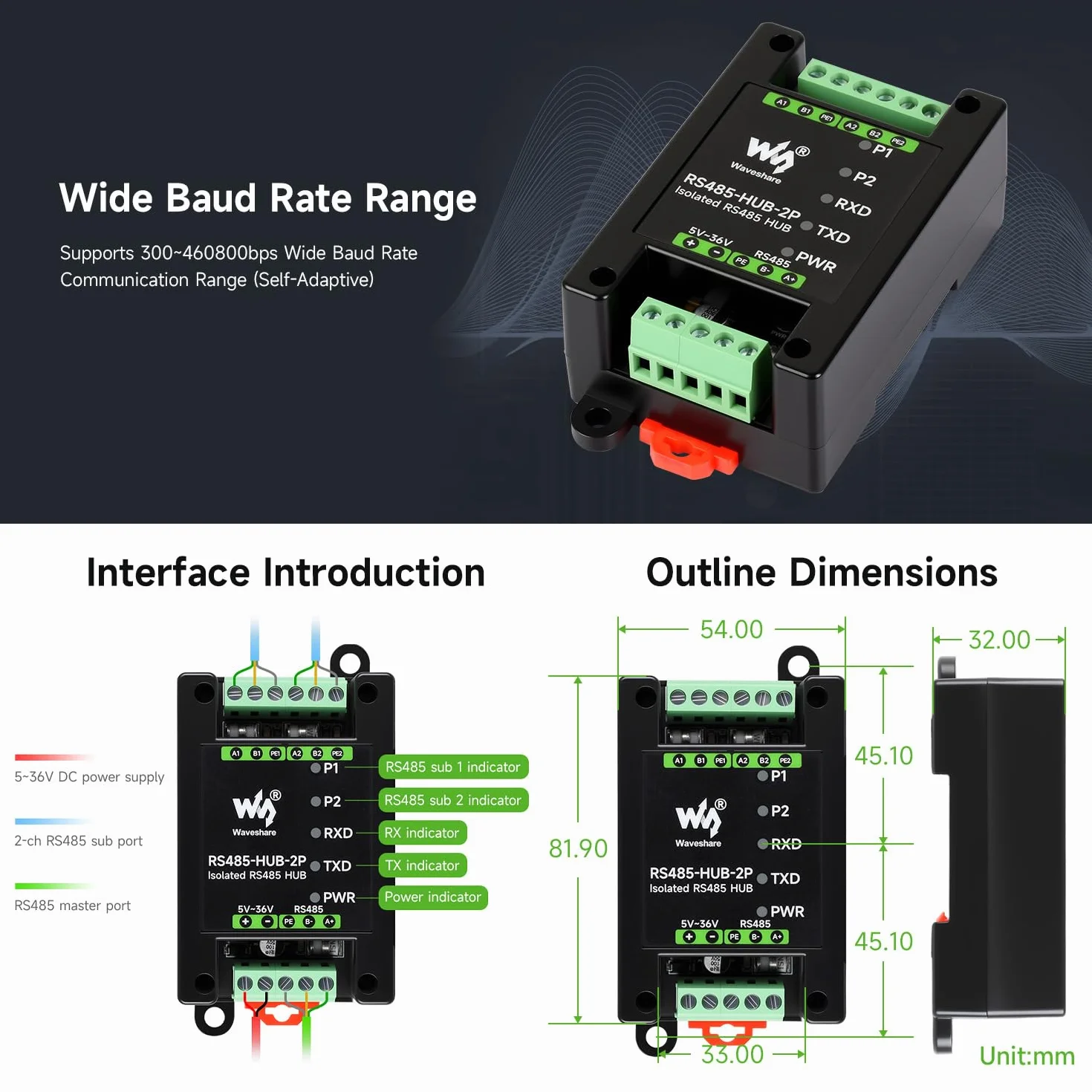 Waveshare Industrial-Grade Isolated 2-Channel RS485 Hub, Rail-Mount Support, Wide Baud Rate Range, Expands 2-ch RS485 Sub Ports Via 1-ch RS485 Master Port, with Isolation and Signal Relay