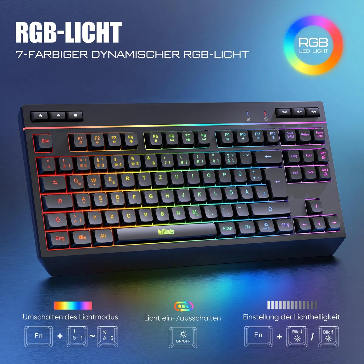RedThunder Zestaw 75% bezprzewodowej klawiatury i myszy, QWERTZ 94 klawisze TKL, RGB, ładowalna klawiatura radiowa z klawiszami funkcyjnymi multimedialnymi, mysz optyczna 7D do PC Xbox PS5, biura