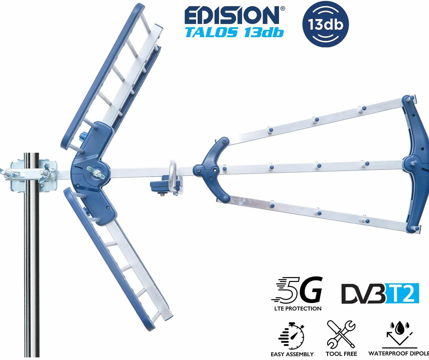 EDISION TALOS 13db Potrójna cyfrowa antena naziemna UHF 21-48, z odcięciem 5G LTE, idealna do odbioru kanałów cyfrowej telewizji naziemnej DVB-T/T2, długość 47cm, niebieska i aluminiowa