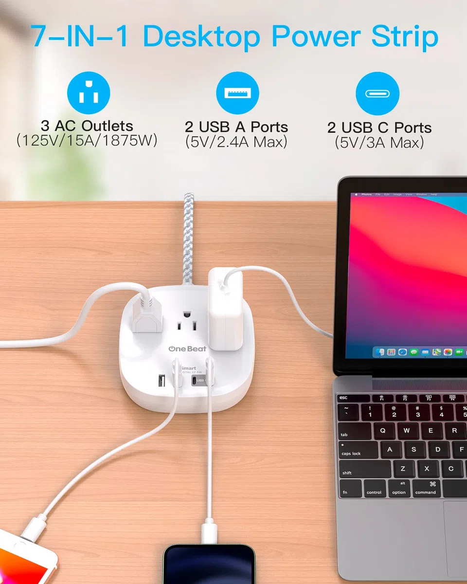 Płaska listwa zasilająca, ultra płaski przedłużacz 1,5 m, 3 gniazda, 4 porty USB (2 USB C), stacja ładująca, listwa zasilająca bez ochrony przed przepięciem, do statku wycieczkowego, podróży