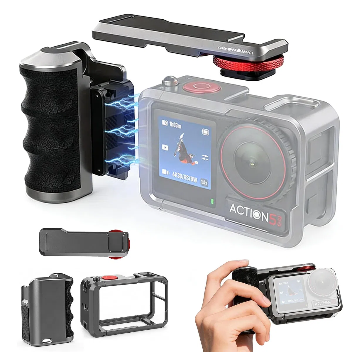 Street Grip Kit kompatybilny z DJI Osmo Action 5 Pro/4/3, uchwyt do kamery z lekkim aluminiowym uchwytem (167 g) z magnetycznym szybkim montażem, wygodnym gumowym uchwytem i lekkim jak piórko