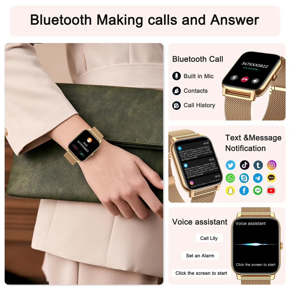 Smartwatch damski i męski zegarek fitness: Bluetooth Call Answer zestaw głośnomówiący wodoodporny cyfrowy inteligentny zegarek tracker pulsometr Spo2 sportowy krokomierz kalorii do telefonu z systemem