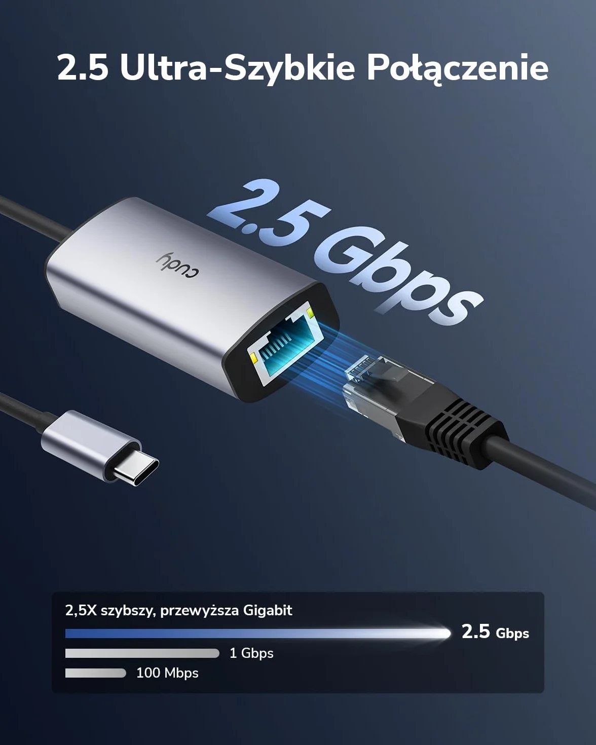 Cudy Adapter Ethernet USB-C na 2,5 Gb/s, przewodowy adapter sieciowy, aluminiowy adapter RJ45 2500 Mb/s Thunderbolt LAN, kompatybilny z MacBookiem, iPhone 15/16, Steam Deck, Switch, UE25C
