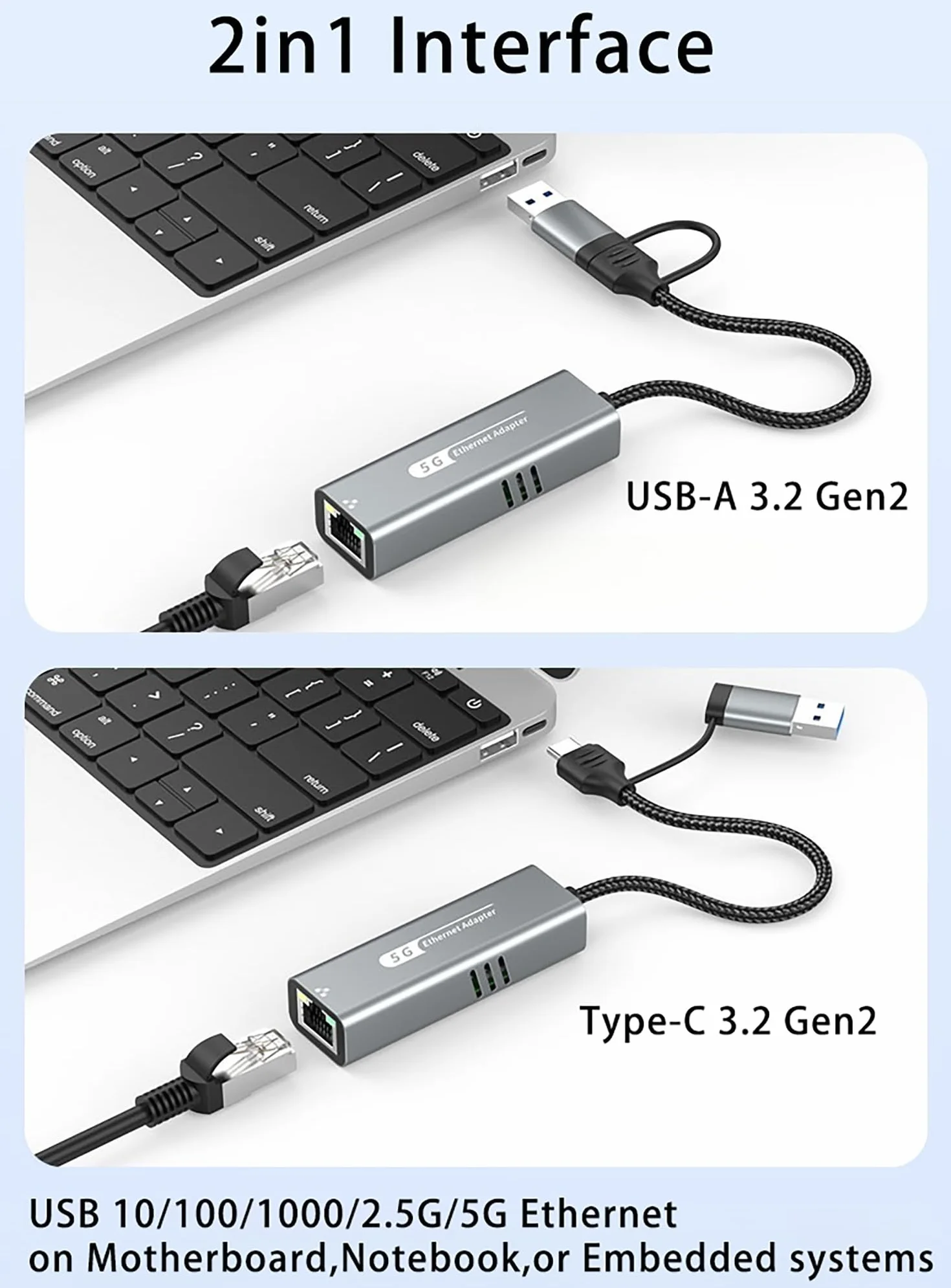 5G USB 3.2 adapter Ethernet z RTL8157, 2 w 1 USB-A/Typ-C na 5 Gbit/s karta sieciowa, konwerter RJ45 LAN do komputera, laptopa, Windows, Mac, OS, Linux (wymagany typ C > 3,2)