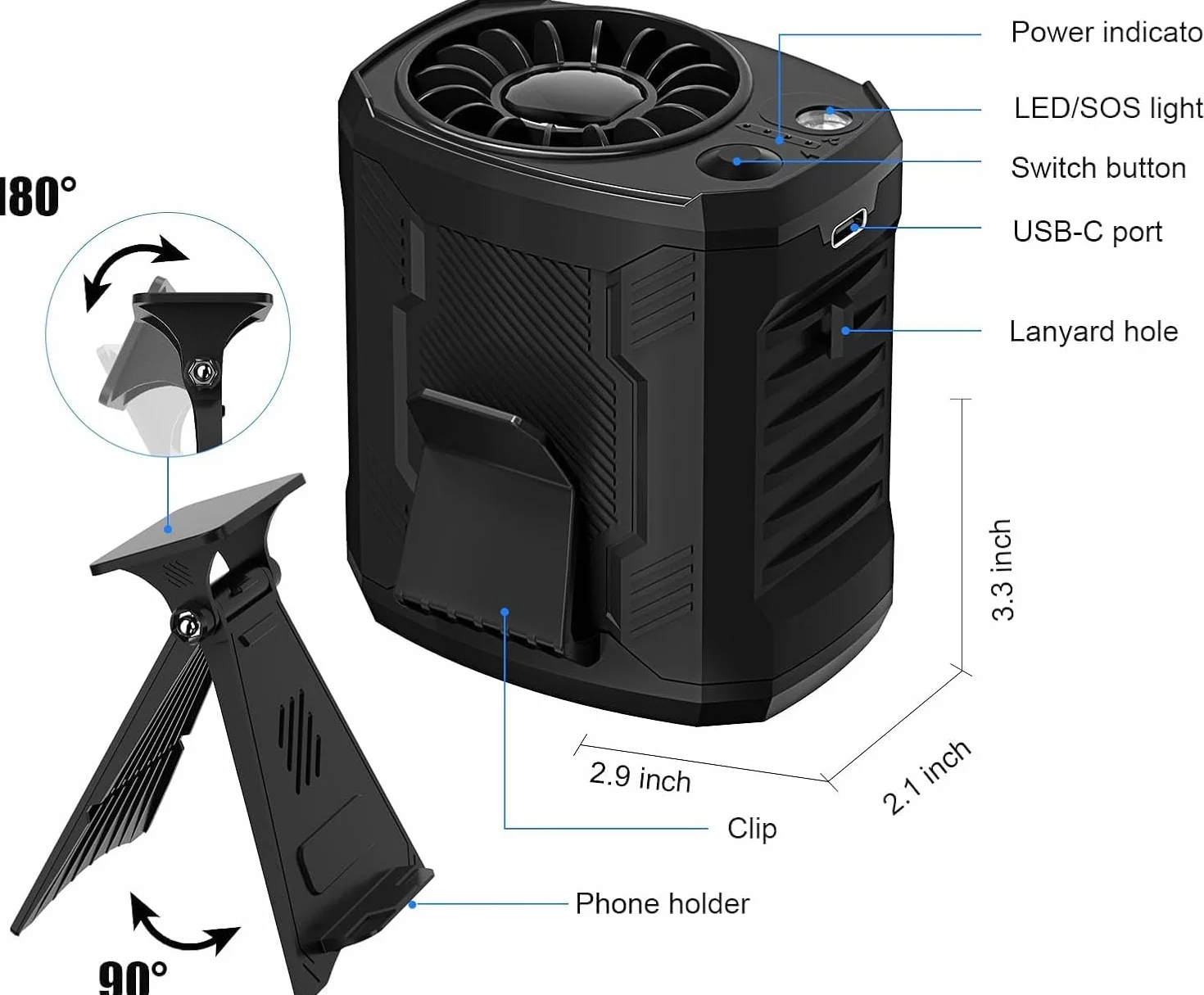 COTOP Przenośny wentylator z klipsem w talii, 4 prędkości, mini wentylator 6000 mAh, akumulator z uchwytem na telefon komórkowy i paskiem do zawieszenia, na kemping, wędrówki