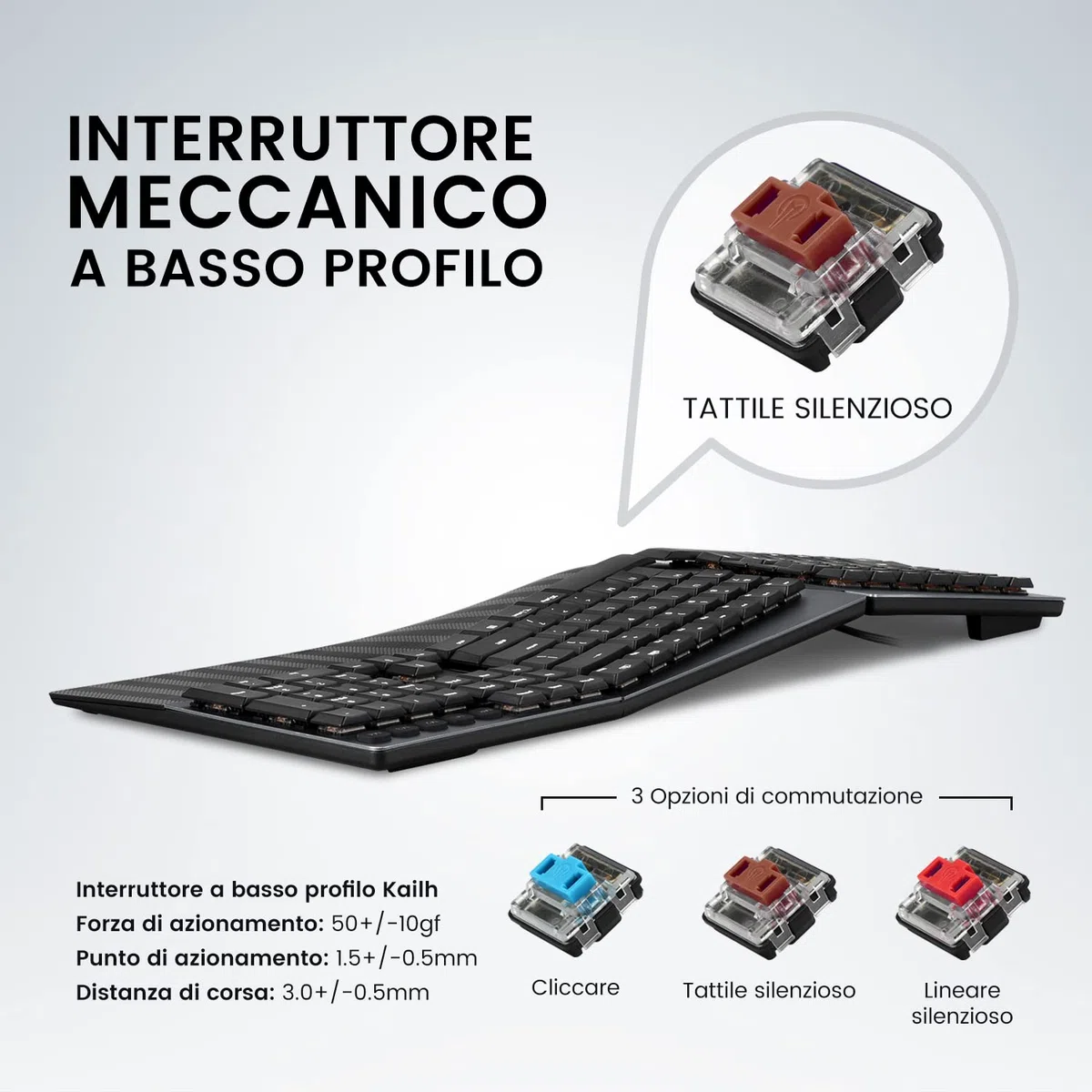 Perixx PERIBOARD-535BR ergonomiczna przewodowa klawiatura mechaniczna - brązowe klawisze dotykowe - programowalne klawisze makro - Windows i Mac OS X - układ QWERTY włoski