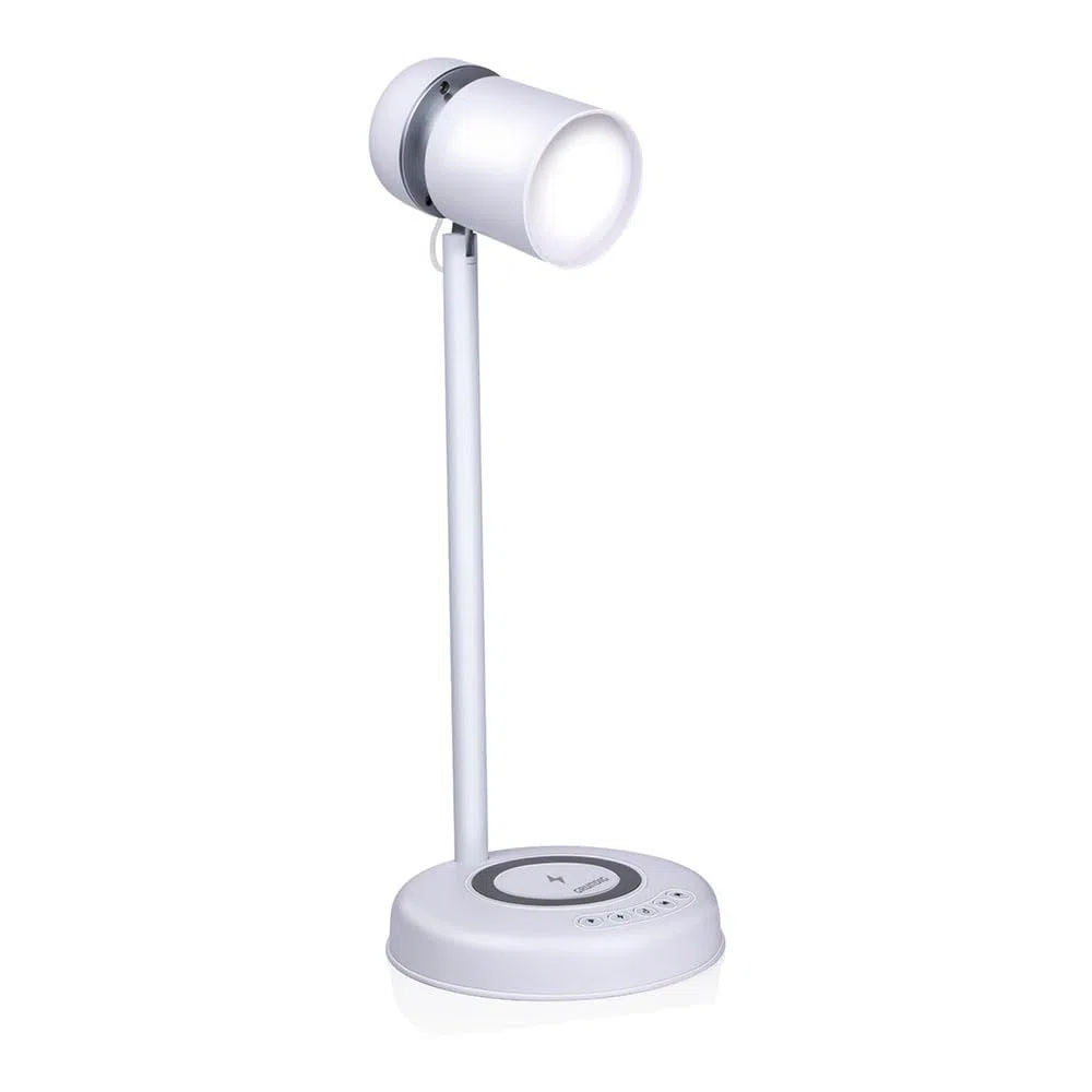 Grundig Lampa biurkowa LED 3 w 1 - technologia Qi - bezprzewodowa ładowarka do telefonu komórkowego - głośnik Bluetooth - 4 nóżki - biała