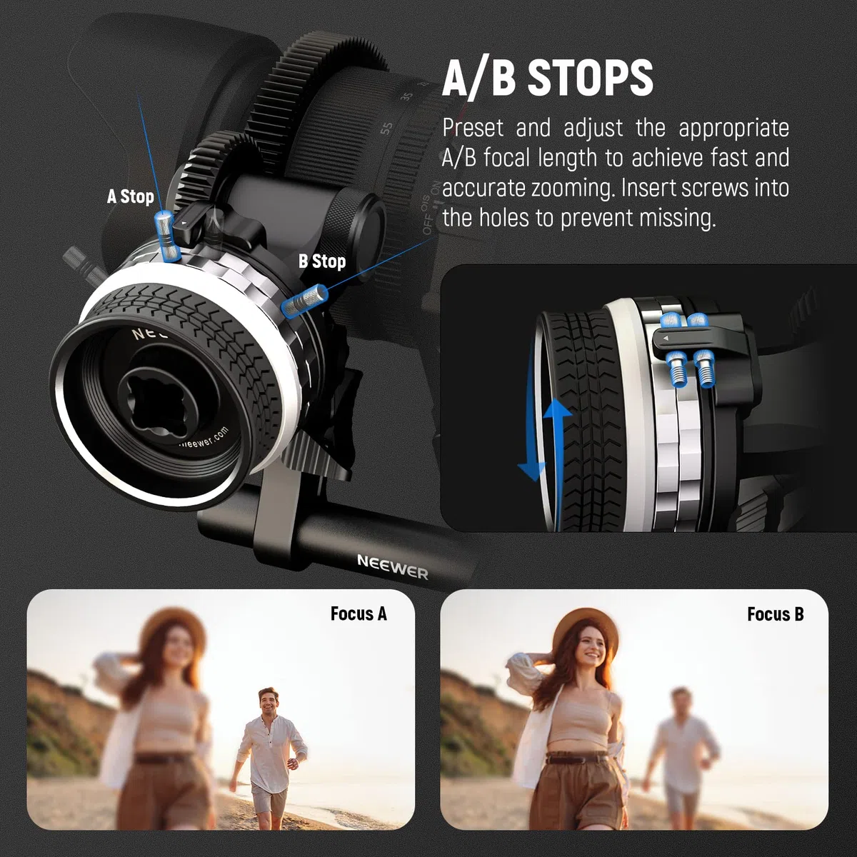 NEEWER Mini Follow Focus z ogranicznikami A/B, zębatką obiektywu, prętem 15 mm i zaciskiem drążkowym do kamery filmowej, lustrzanki cyfrowej/aparatu bezlusterkowego, kompatybilna z obiektywem o