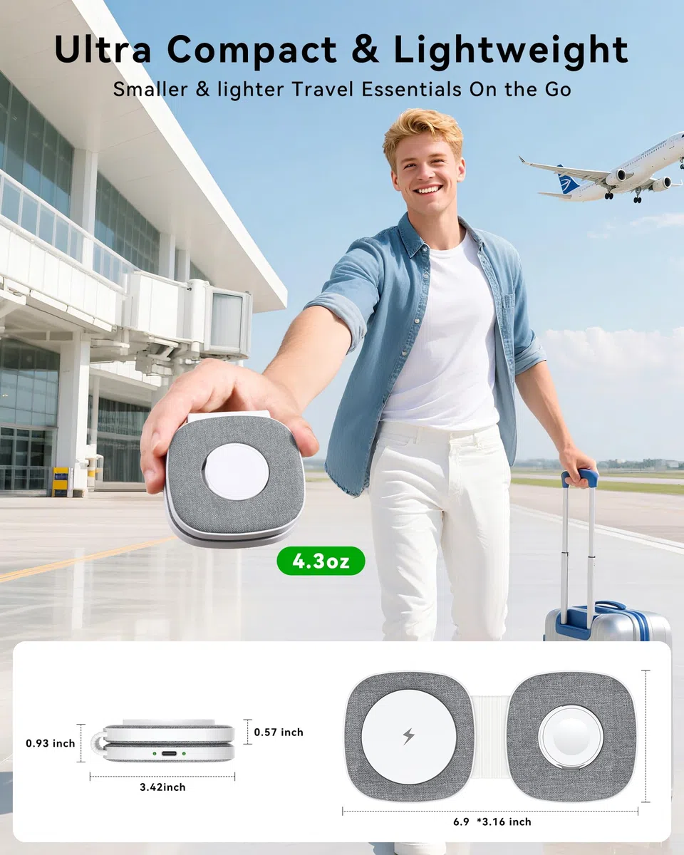 2 w 1 Składana bezprzewodowa ładowarka indukcyjna, kompatybilna z MagSafe, iPhone 17/16/15/14/13/12, Apple Watch 11–1, AirPods Pro, z szybkim adapterem 20W | Przyjazna w podróży kompaktowa konstrukcja, składana przenośna, adapter PD 20 W w zestawie