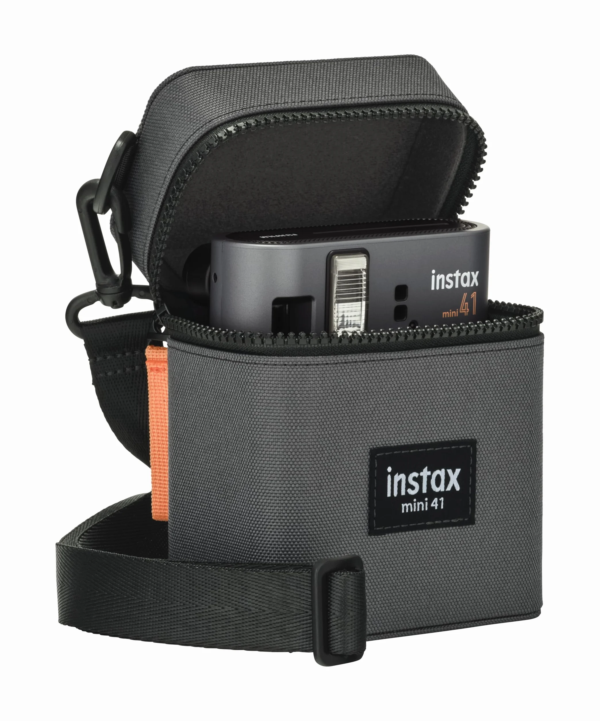 instax Mini 41 etui na aparat błyskawiczny z paskiem na ramię, zapinaną na zamek błyskawiczny etui na aparat i tylną kieszenią foliową, wykończone hartowaną tkaniną Charcoal Grey
