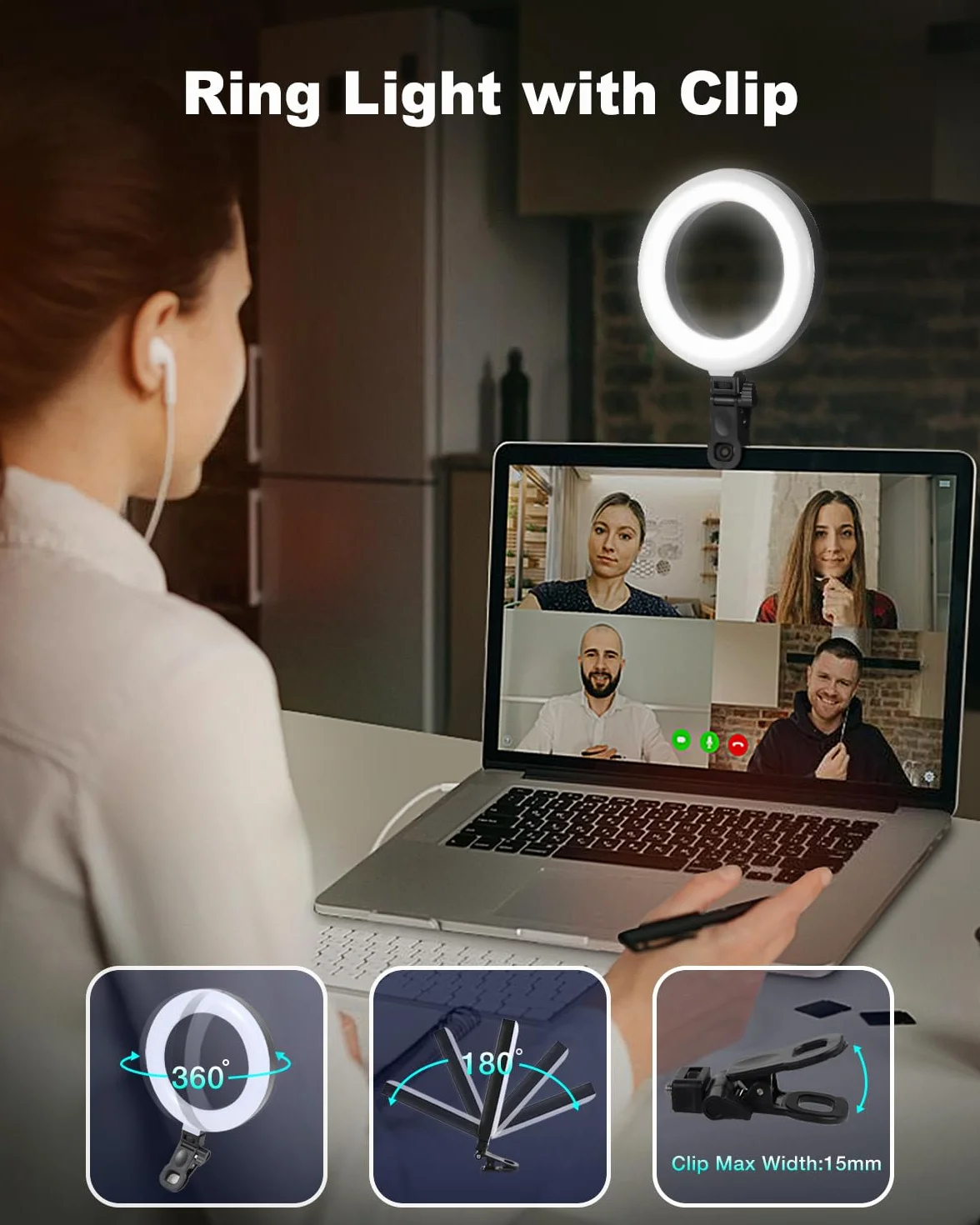 Railee Światło Pierścieniowe z Statywem i Klipsem 6'' Lampa Pierścieniowa ze Uchwyt na Telefon Oświetlenie Wideokonferencji do Laptopa Komputera Monitora Selfie Vlog Makijażu Strumieniowania na Żywo