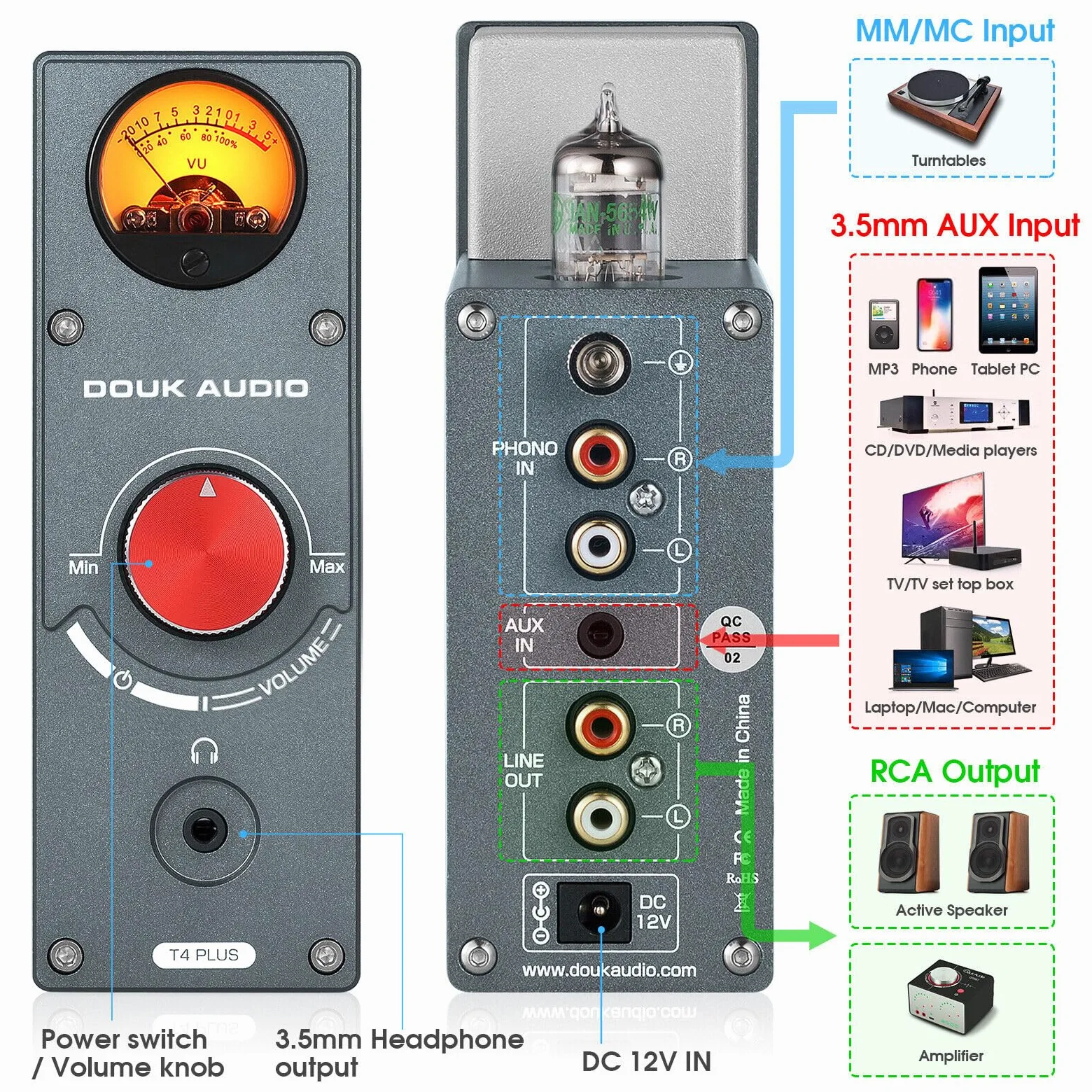 Douk Audio T4 PLUS HiFi JAN5654 przedwzmacniacz lampowy MM/MC przedwzmacniacz gramofonowy do gramofonu mini przedwzmacniacz stereo wzmacniacz słuchawkowy z miernikiem VU przedwzmacniacz lampowy