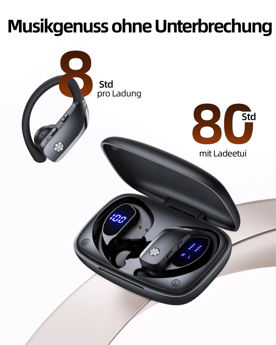 Sportowe słuchawki douszne Bluetooth, bezprzewodowe słuchawki douszne z odtwarzaniem 80 h, podwójny wyświetlacz LED, haczyk na ucho z mikrofonem, dźwięk stereo, łatwe sterowanie przyciskiem, sportowe