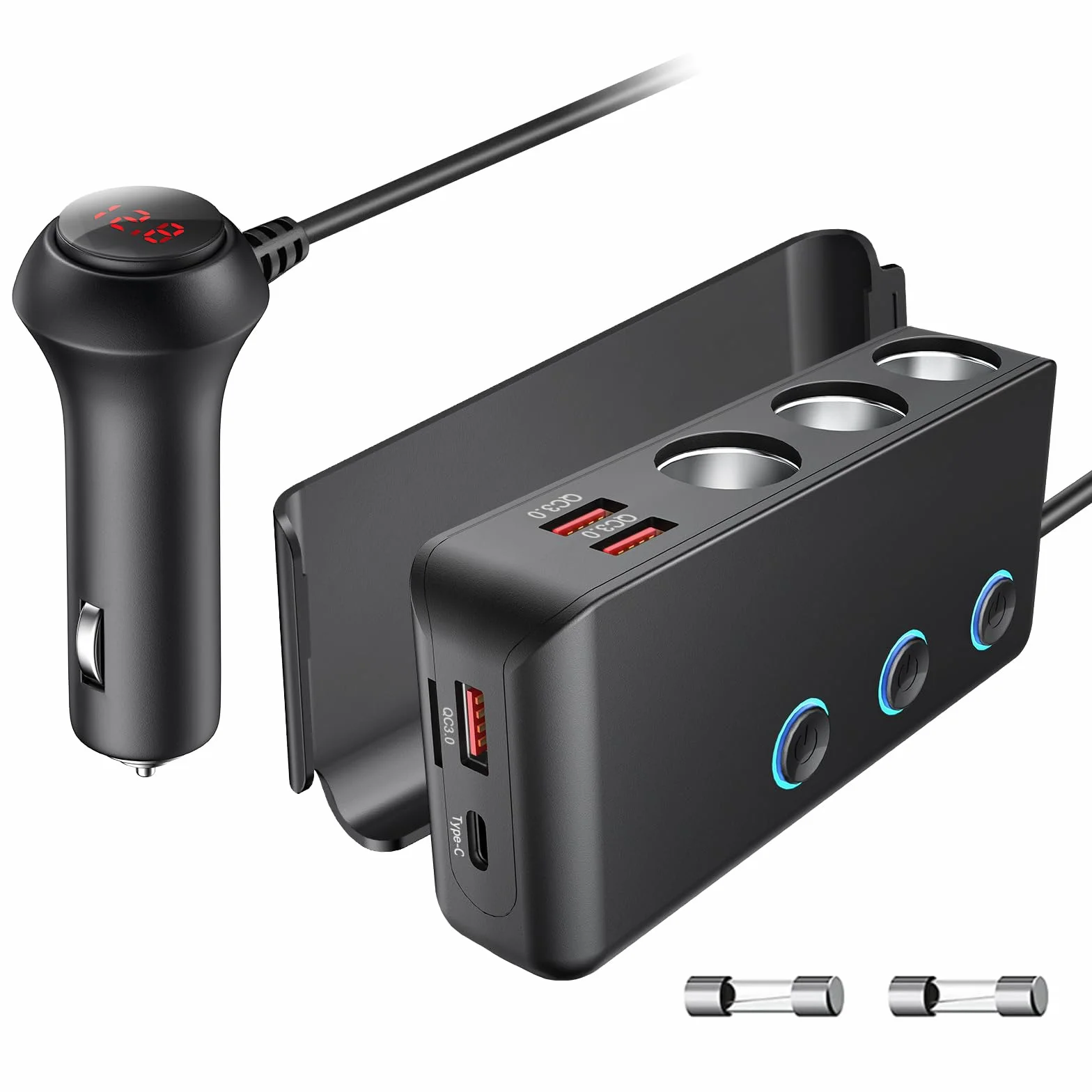 OOWOLF Rozdzielacz zapalniczki samochodowej adapter ładowarki – QC 3.0 Auto potrójny 180 W 12 V/24 V rozdzielacz samochodowy gniazdo z woltomierzem (Czarny - z przełącznikiem zasilania)
