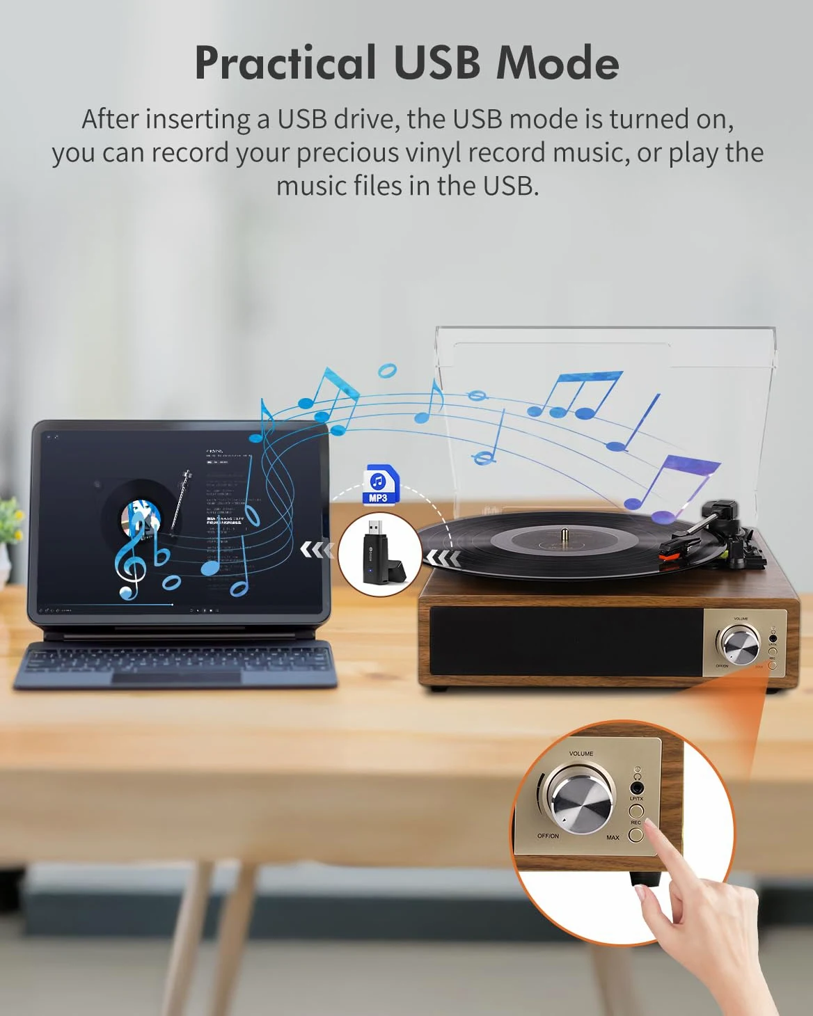 VIFLYKOO Gramofon, Bluetooth 5.4 z 2 Głośnikami Stereo, Bezprzewodowy 3-Biegowy 33/45/78 obr./min, Odtwarzacz Winylowy Obsługuje Wejście Słuchawkowe/Wejście AUX/Wyjście RCA/USB