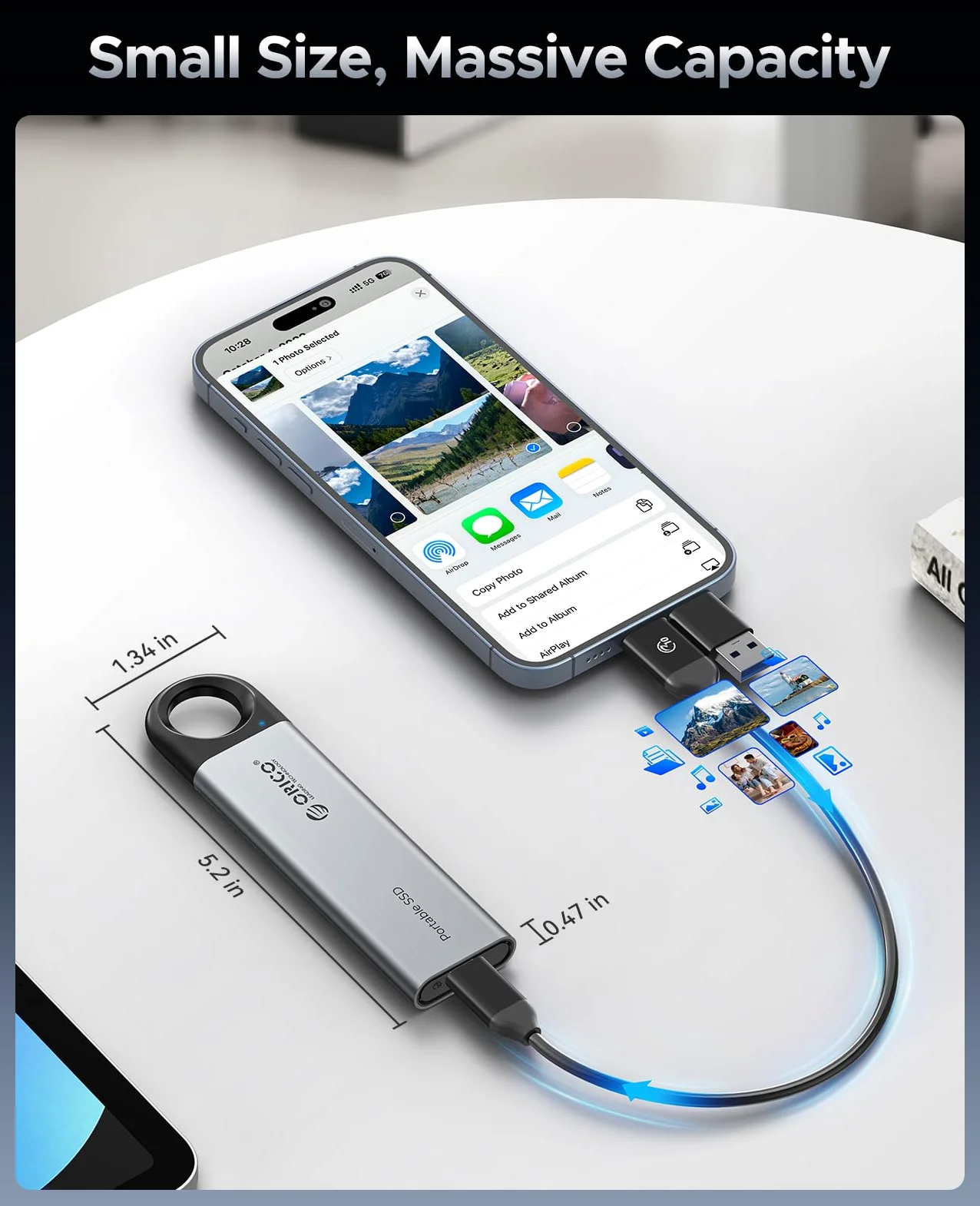 ORICO Zewnętrzny dysk SSD 1 TB do 1050 MB/s, przenośny dysk półprzewodnikowy z otworem do zawieszenia, kabel USB C i A, USB 3.2 Gen 2, niezawodne przechowywanie smartfonów typu C, tabletów, laptopów